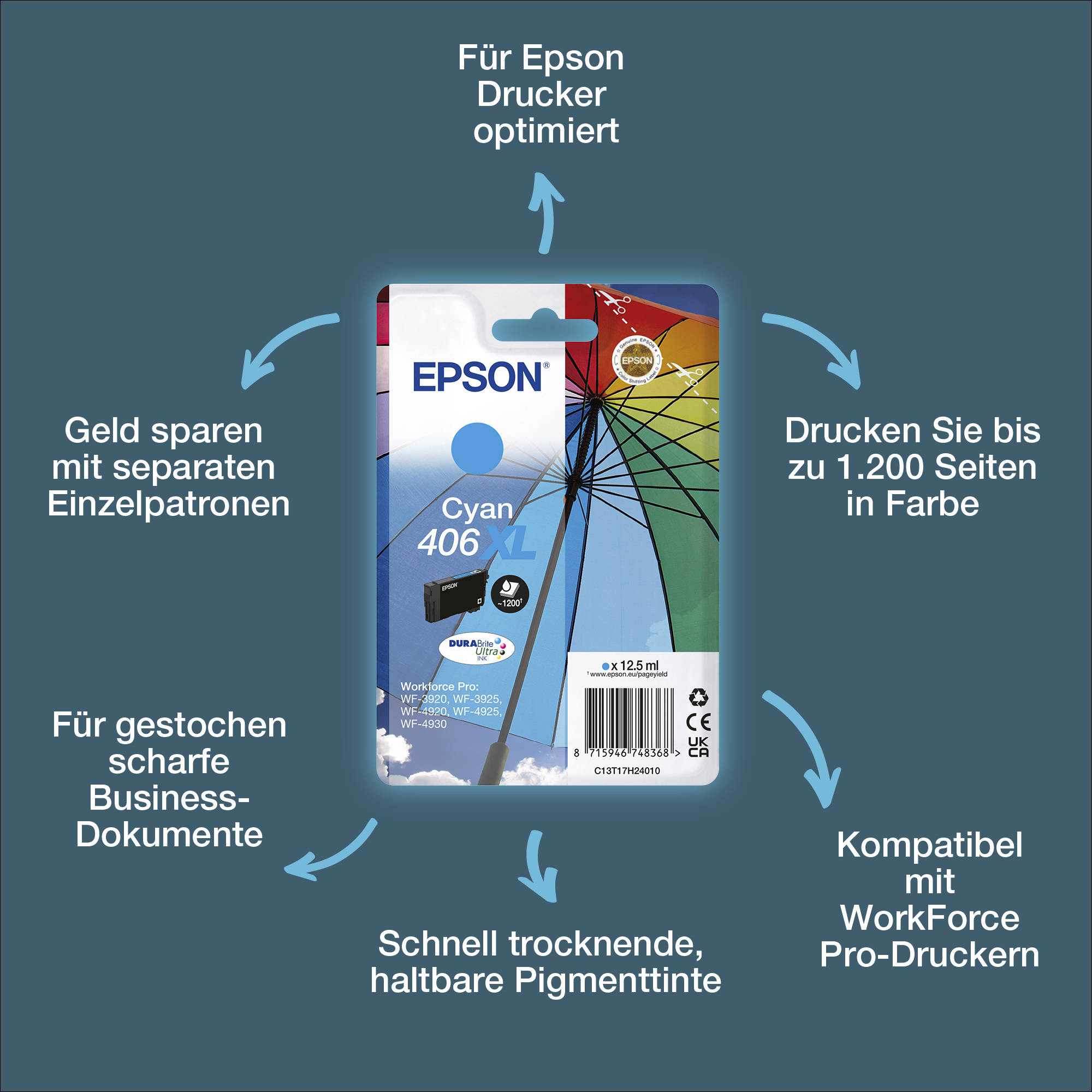 Epson Singlepack Cyan 406XL Umbrella DURABrite Ultra Ink