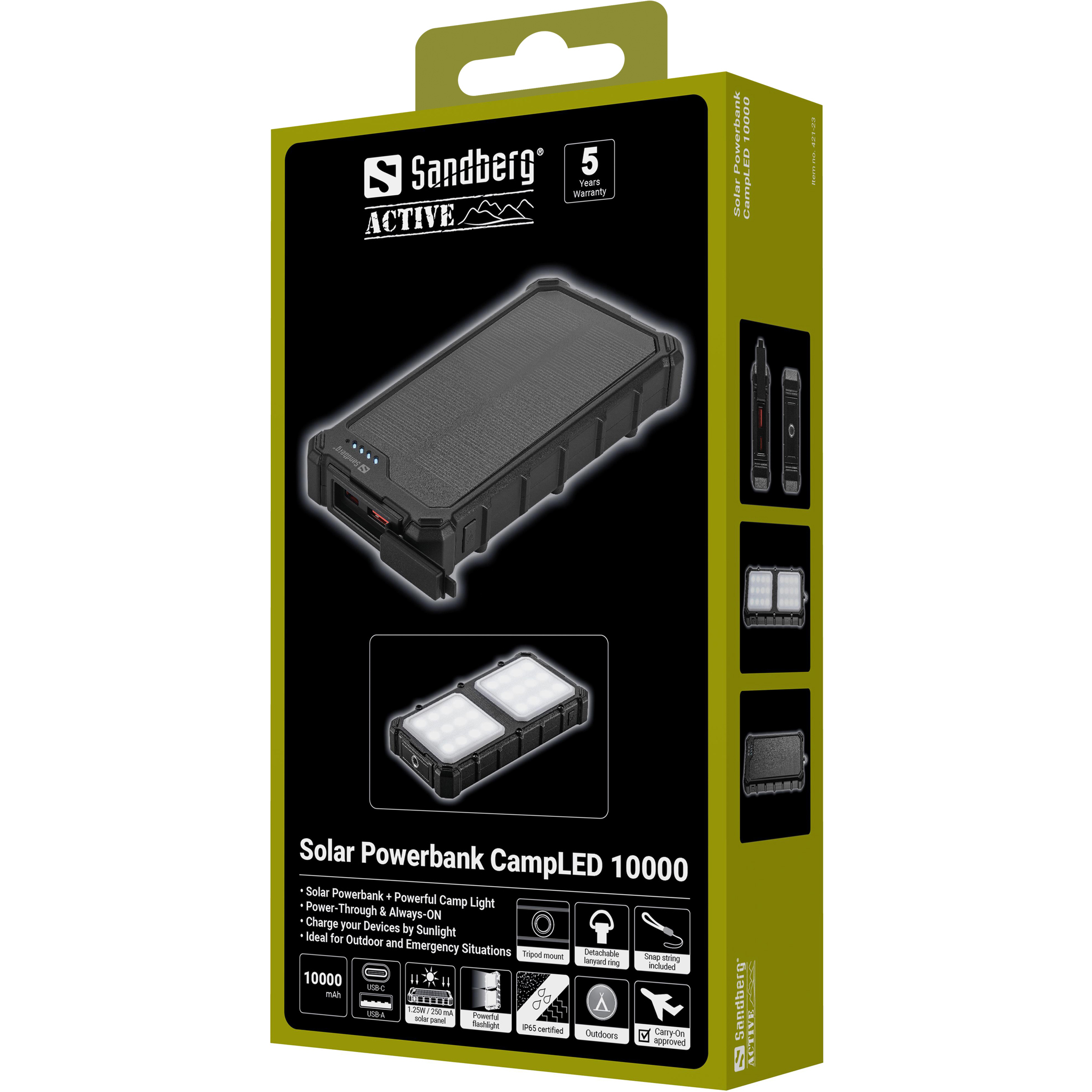 SANDBERG Active - Solar-Powerbank - 10000 mAh - 37 Wh - 22.5 Watt - 3 A - PD/PPS - 2 Ausgabeanschlussstellen (USB, 24 pin USB-C)