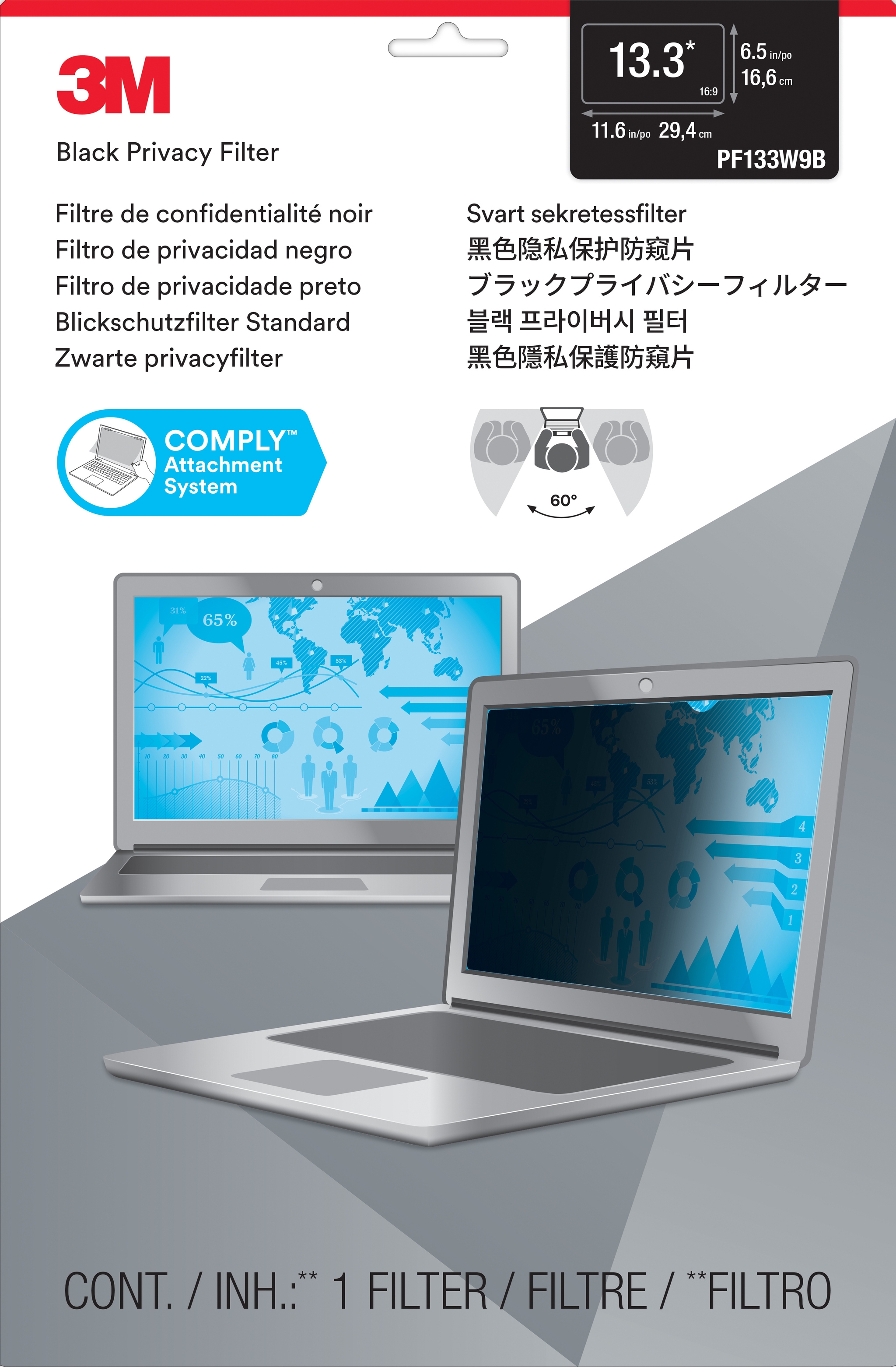 3M PF133W9B Frameless display privacy filter 33.8 cm (13.3)