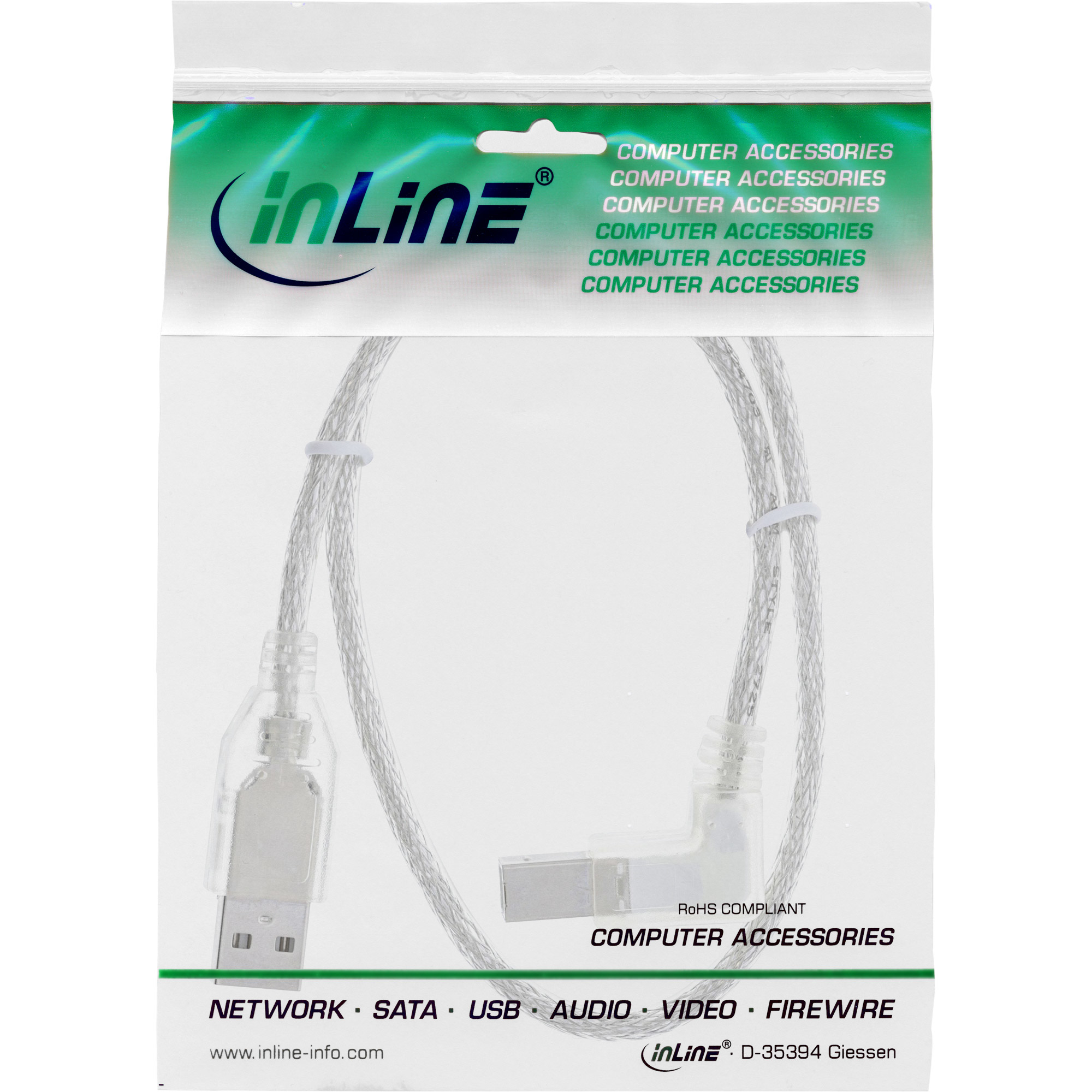 InLine USB 2.0 Cable right angled Type A male / B male transparent 0.3m