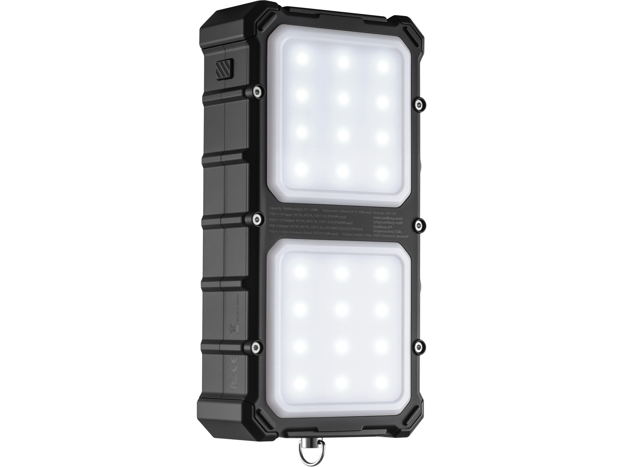 SANDBERG Active CampLED - Solar-Powerbank - 20000 mAh - 74 Wh - 20 Watt - 3 A - PD/PPS - 3 Ausgabeanschlussstellen (2 x USB-C, USB)