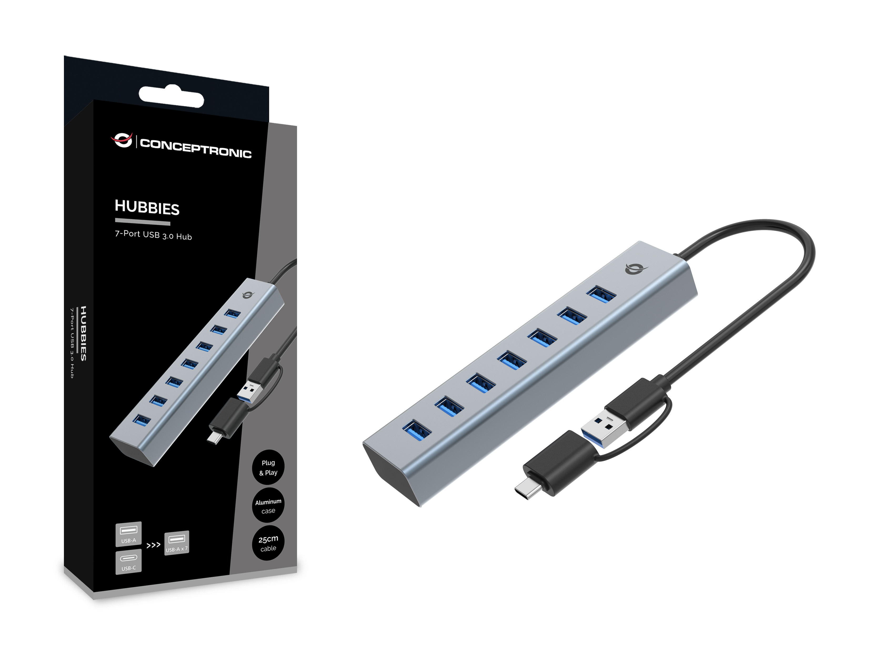 Conceptronic HUBBIES21G 7-Port USB 3.0 Hub, 5Gbps, USB-A x 7