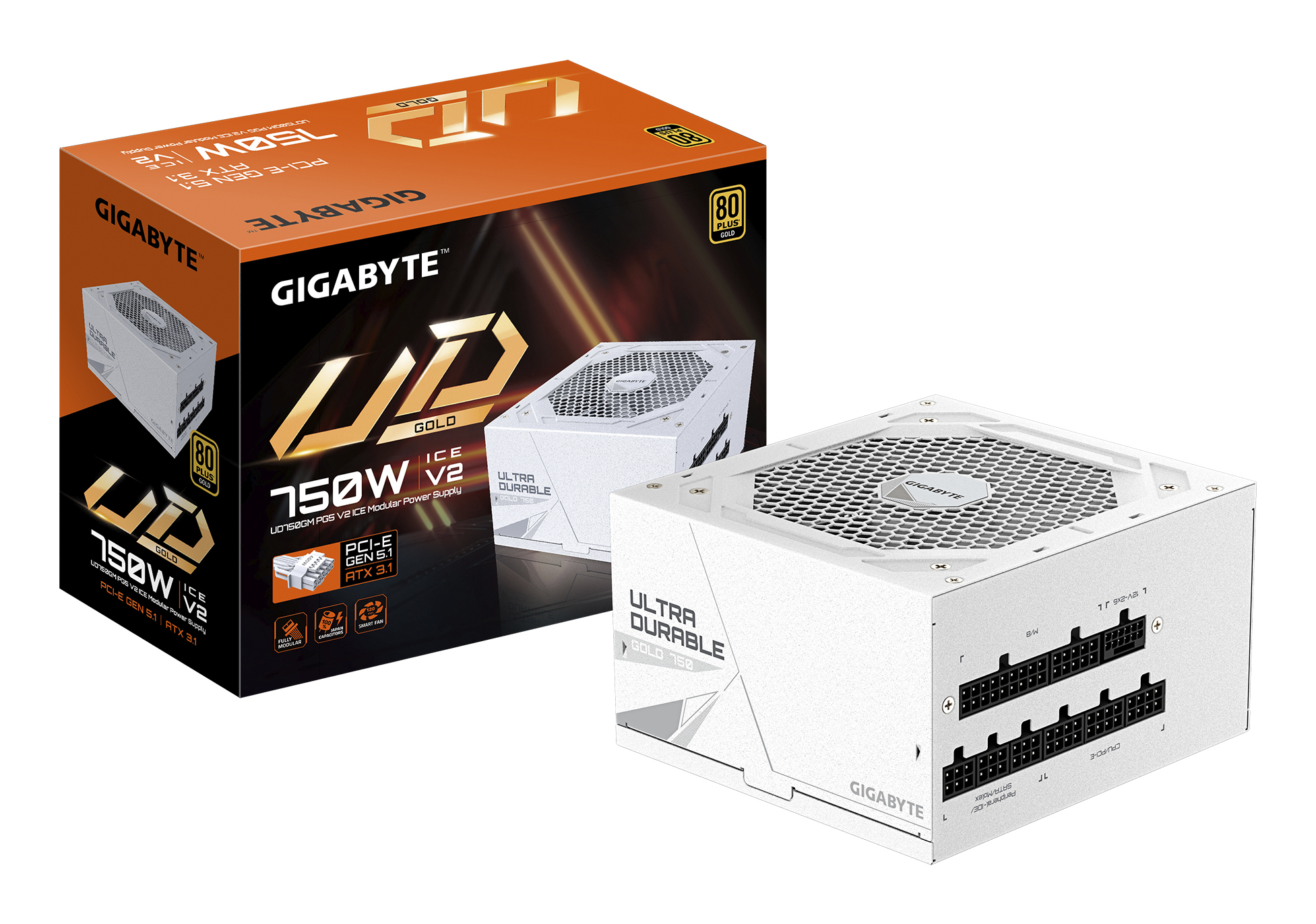 GIGABYTE UD750GM PG5 V2 ICE Fuente de Alimentaci�n PCIe Gen 5.1, 80 PLUS Gold, Dise�o completamente modular, Ventilador de 120 mm, Compatible con ATX 3.1, Enchufe EU