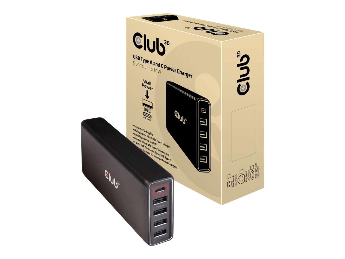 Club 3D USB Typ A und C Ladeger�t 5 Ports bis zu 111W
