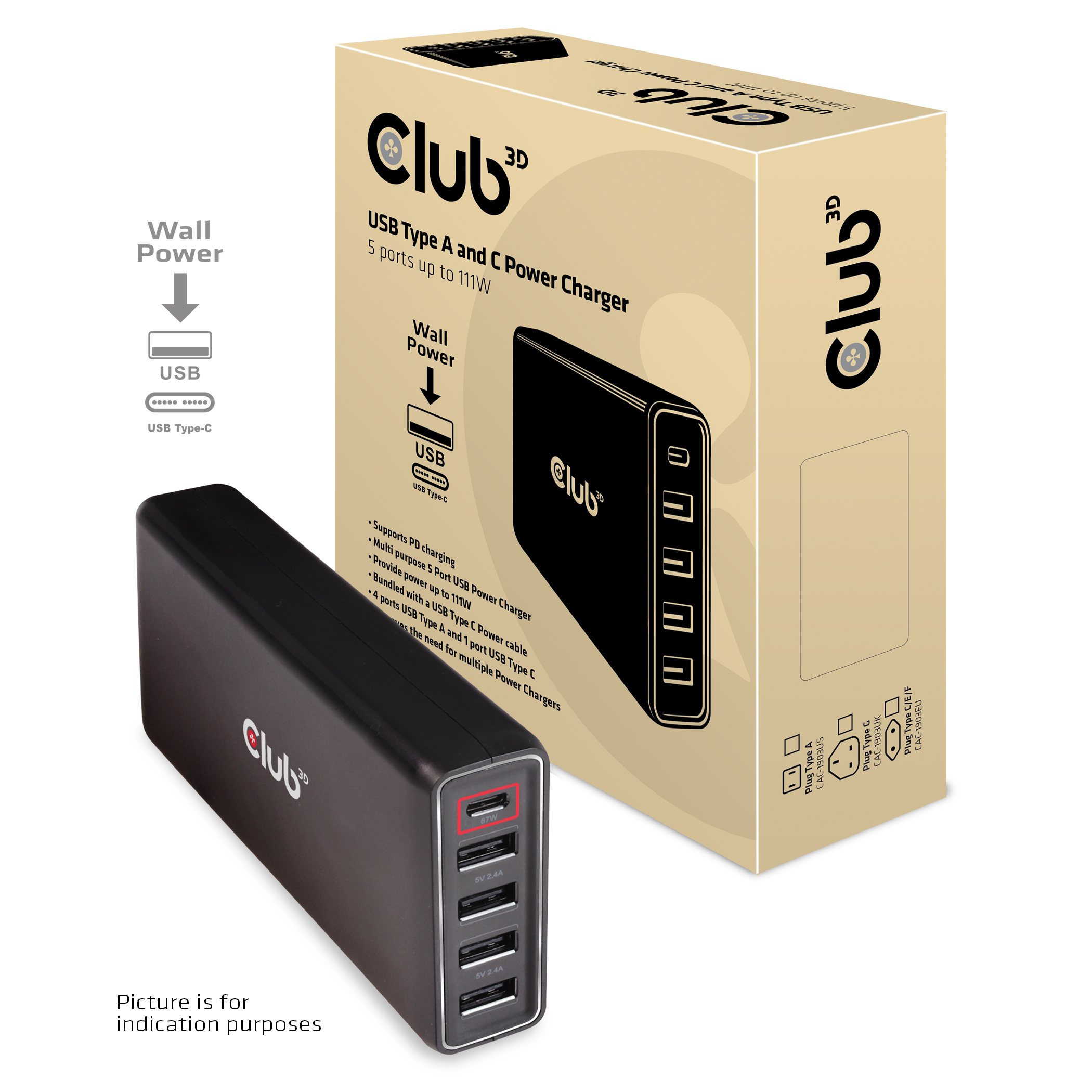 CLUB3D CAC-1903EU cargador de dispositivo m�vil Universal Negro Corriente alterna Interior