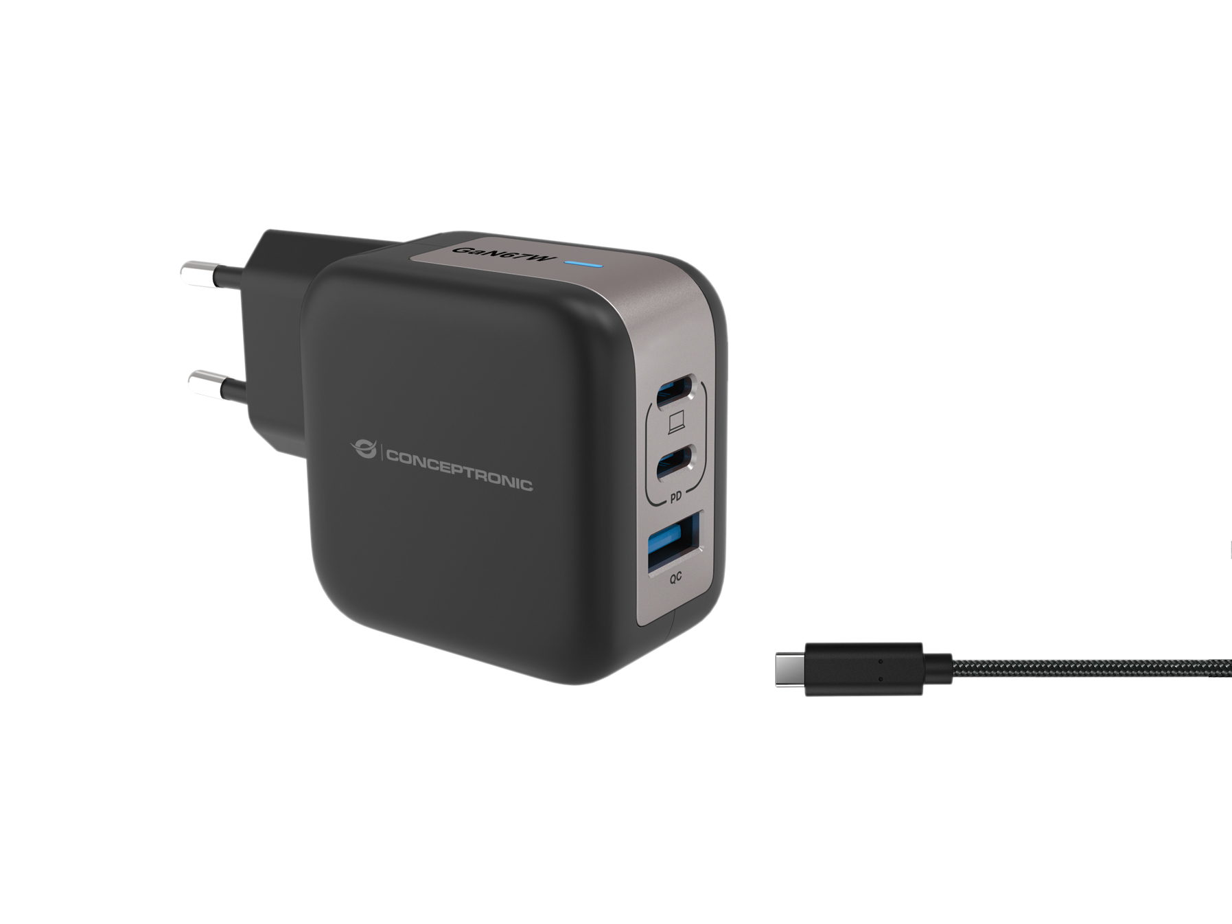 Conceptronic 3-Port 67W GaN USB PD Charger with USB-C Charging Cable, USB-C x 2, USB-A x 1, QC 3.0, PPS