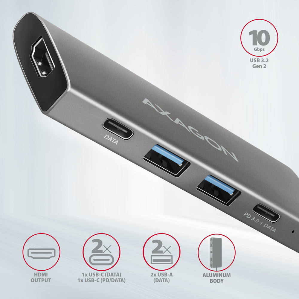 Axagon HMC-5G21 base para port�til y replicador de puertos Al�mbrico USB 3.2 Gen 2 (3.1 Gen 2) Type-C Gris