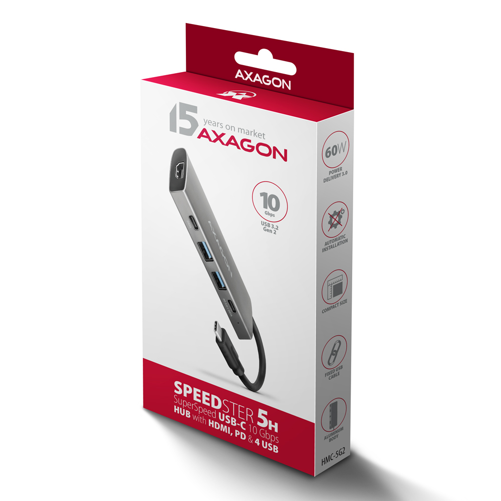 Axagon HMC-5G21 base para port�til y replicador de puertos Al�mbrico USB 3.2 Gen 2 (3.1 Gen 2) Type-C Gris