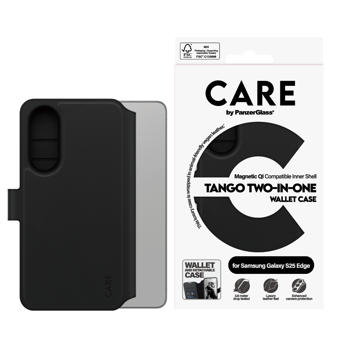 PanzerGlass CARE by � Feature Case Tango Two-in-One Wallet w. Qi-Compatible Samsung S25 Edge coque de protection pour t�l�phones portables Housse Noir