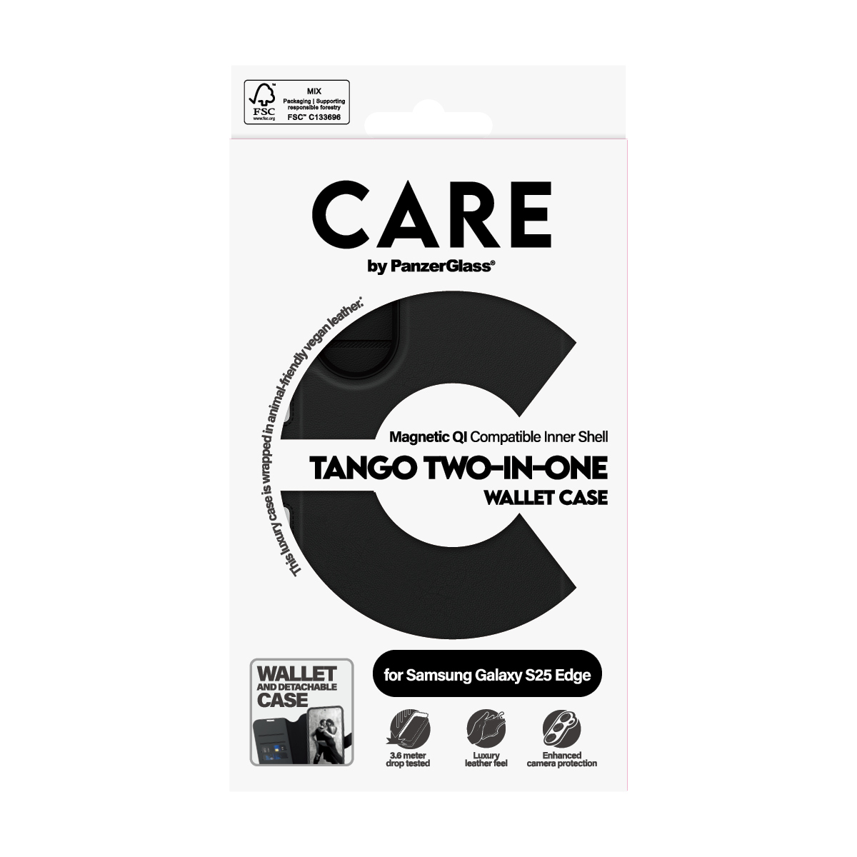 PanzerGlass CARE by � Feature Case Tango Two-in-One Wallet w. Qi-Compatible Samsung S25 Edge coque de protection pour t�l�phones portables Housse Noir