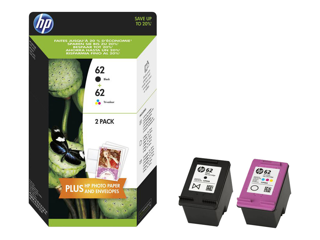 HP N9J71AE  HP 62 pack de 2 cartouches authentiques d'encre noire / trois  couleurs