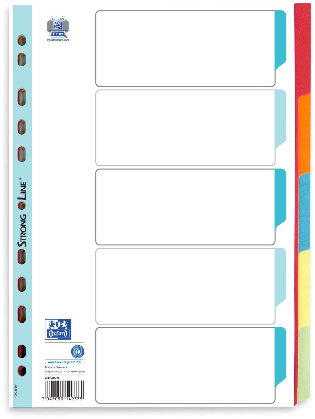 Oxford Ordnerregister DIN A4 Vollformat blanko farbsortiert 5-teilig