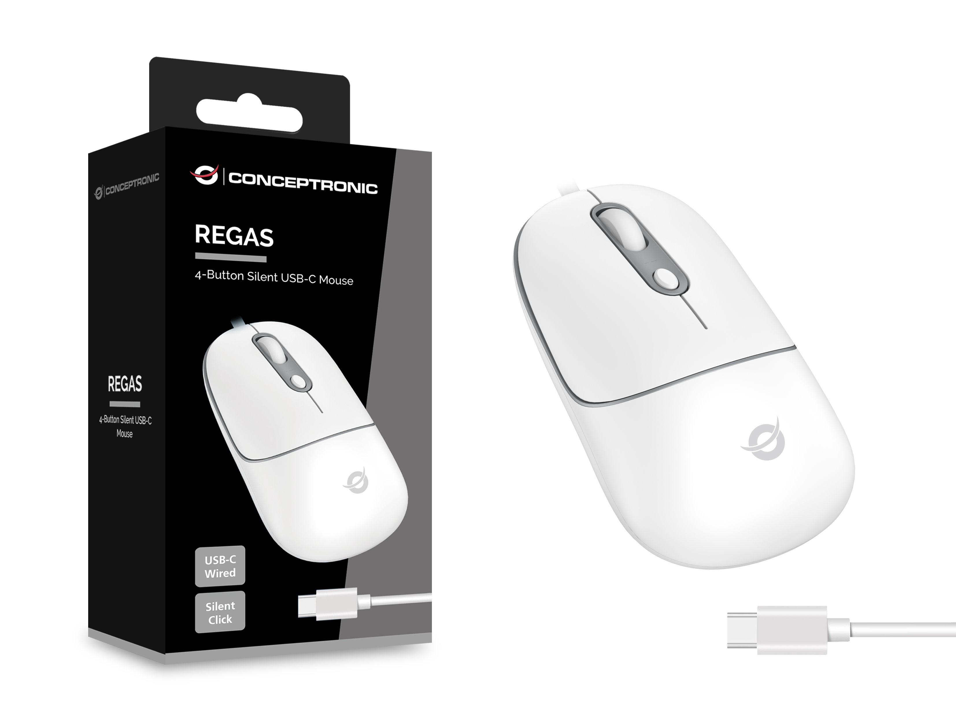 Conceptronic Optische Maus USB-C Silent+Scrollrad ws - Maus - 800 dpi
