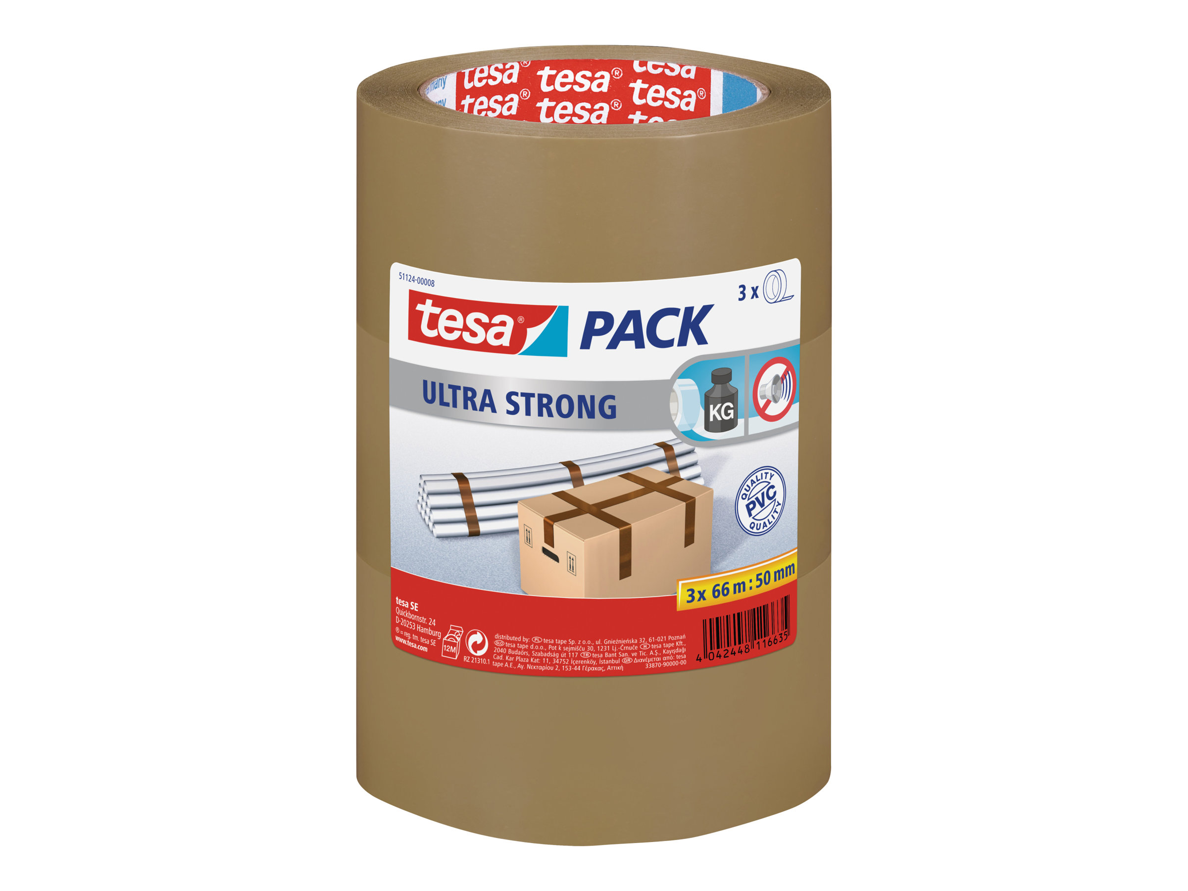 Tesa Tesapack Ultra Strong - Packband - 50 mm x 66 m - PVC - Braun (Packung mit 3)