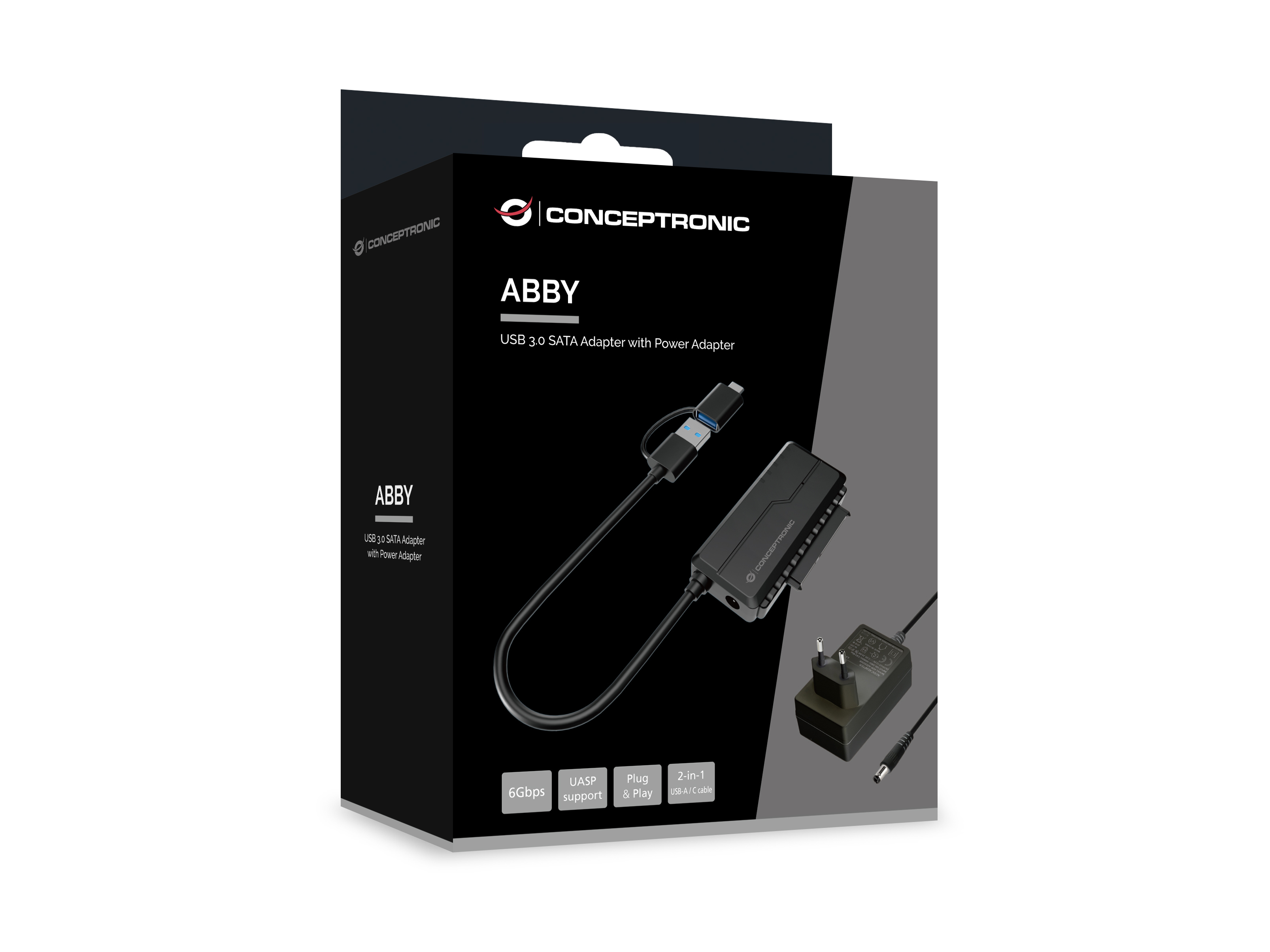 Conceptronic ABBY21B USB 3.0 SATA Adapter with Power Adapter, 2.5/3.5 SATA HDD/SSD, 2-in-1 USB C/A Cable