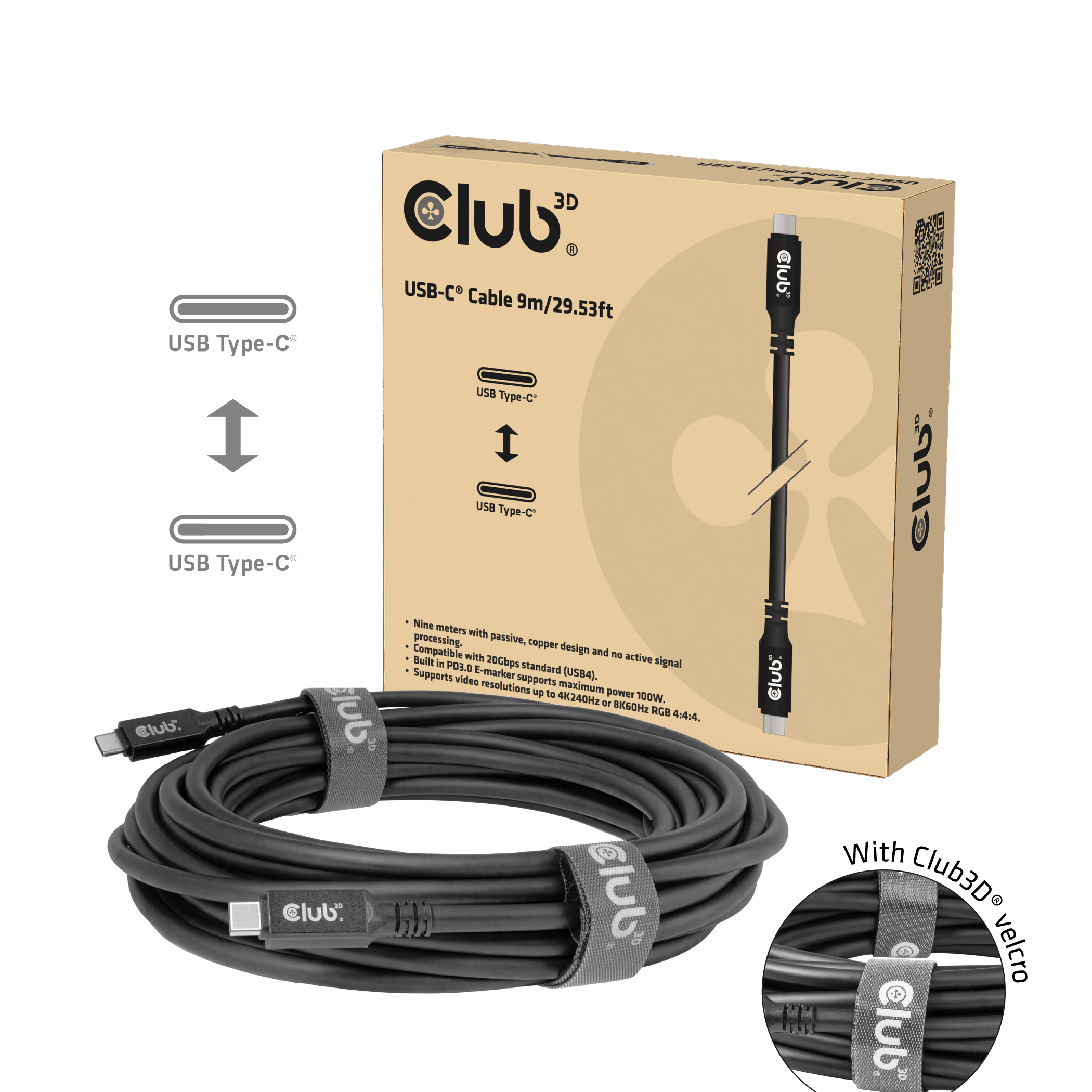 CLUB3D USB-C� Cable 8K60Hz 100W 20Gbps USB4 9m/29.53ft