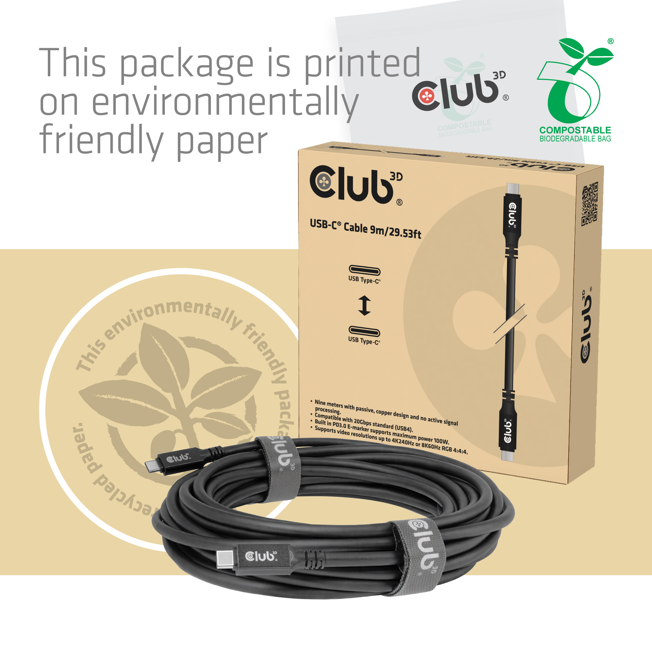 CLUB3D USB-C� Cable 8K60Hz 100W 20Gbps USB4 9m/29.53ft