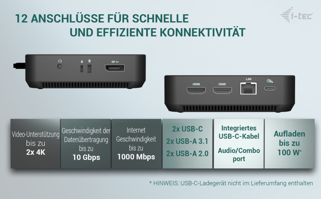 i-tec USB-C DP Dual HDMI Docking Station with Power Delivery 100 W