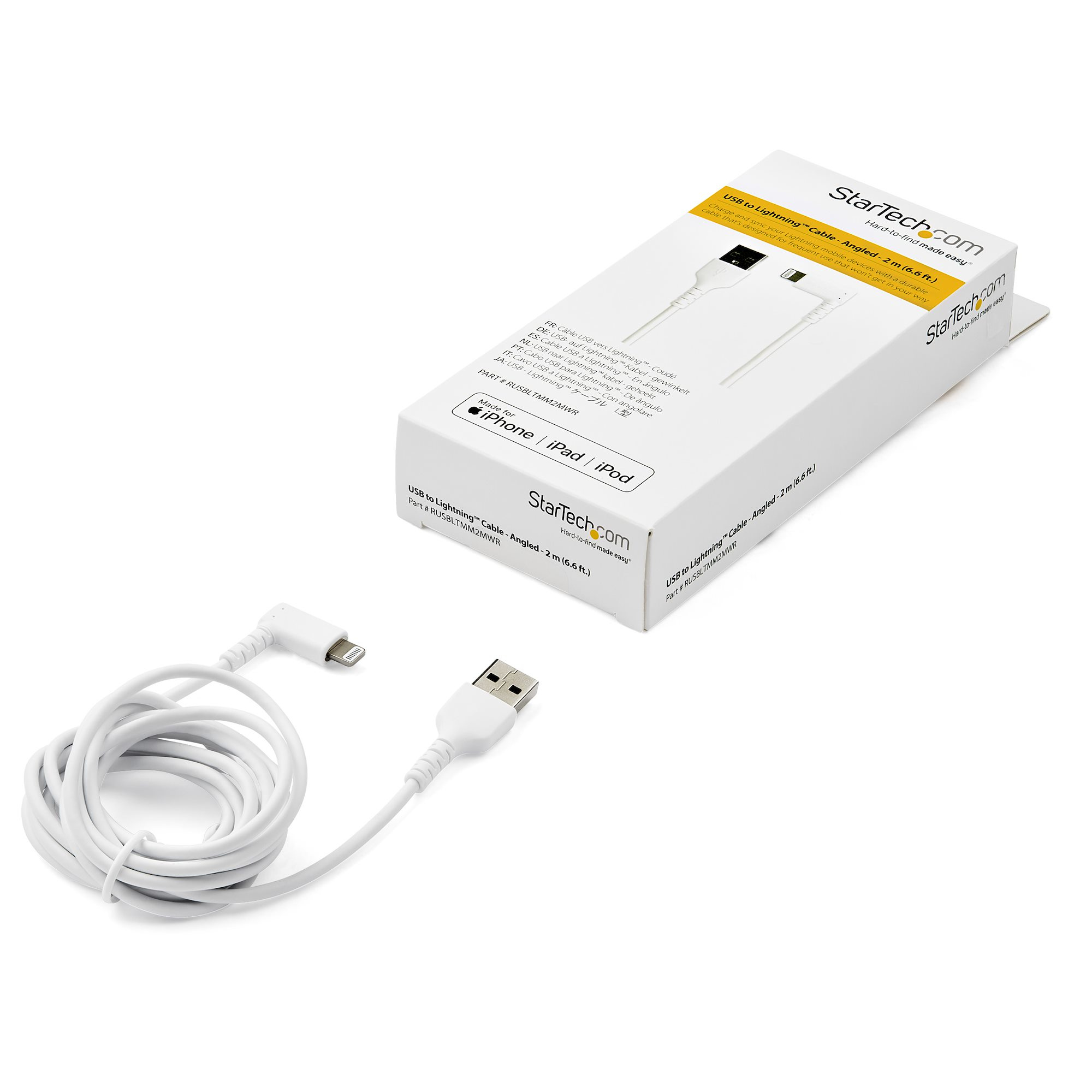 StarTech.com RUSBLTMM2MWR  StarTech.com 6ft (2m) Durable USB A to Lightning  Cable - White 90° Right Angled Heavy Duty Rugged Aramid Fiber USB Type A to  Lightning Charging/Sync Cord - Apple MFi