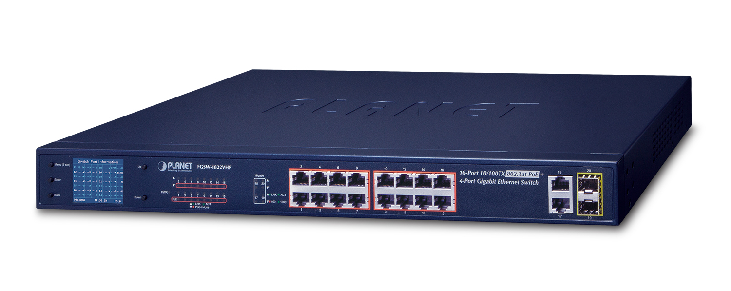PLANET FGSW-1822VHP network switch Unmanaged Fast Ethernet (10/100) Power over Ethernet (PoE) 1U Blue