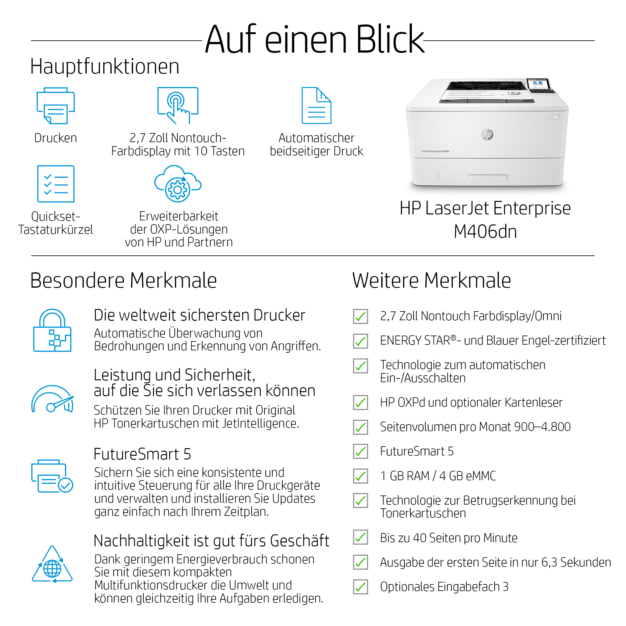 HP LaserJet Enterprise M406dn Schwarzwei� Drucker - Nur Ethernet; Duplex - Laser - 1200 x 1200 DPI - A4 - 38 Seiten pro Minute - Doppelseitiger Druck - Netzwerkf�hig