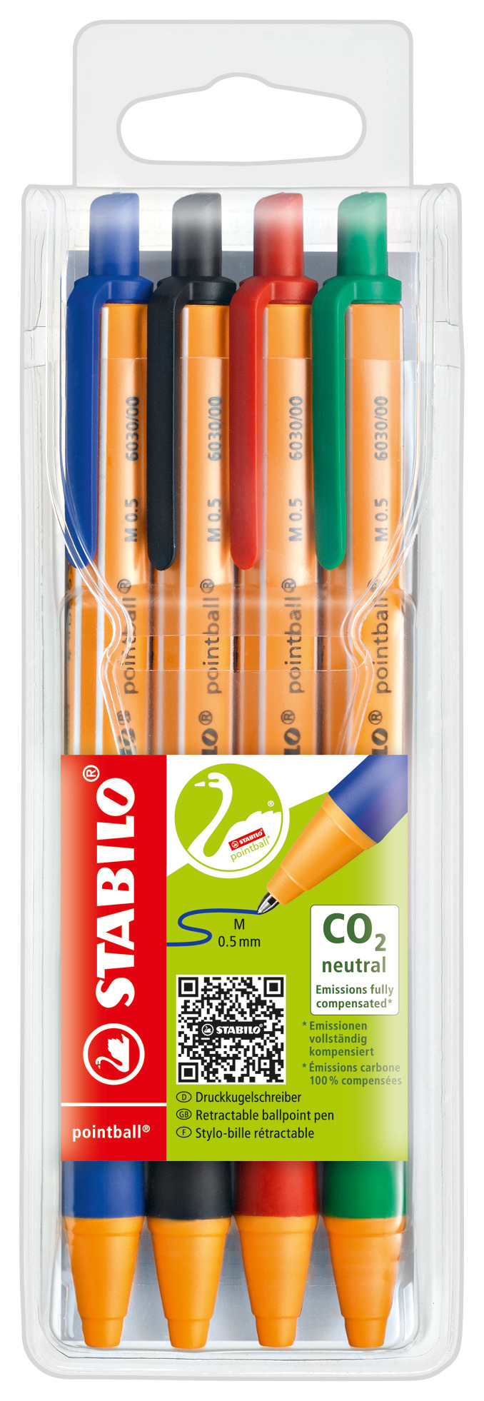 STABILO pointball - Kugelschreiber - Schwarz, Rot, Blau, Gr�n - 0.5 mm - Mittel - verstellbar (Packung mit 4)