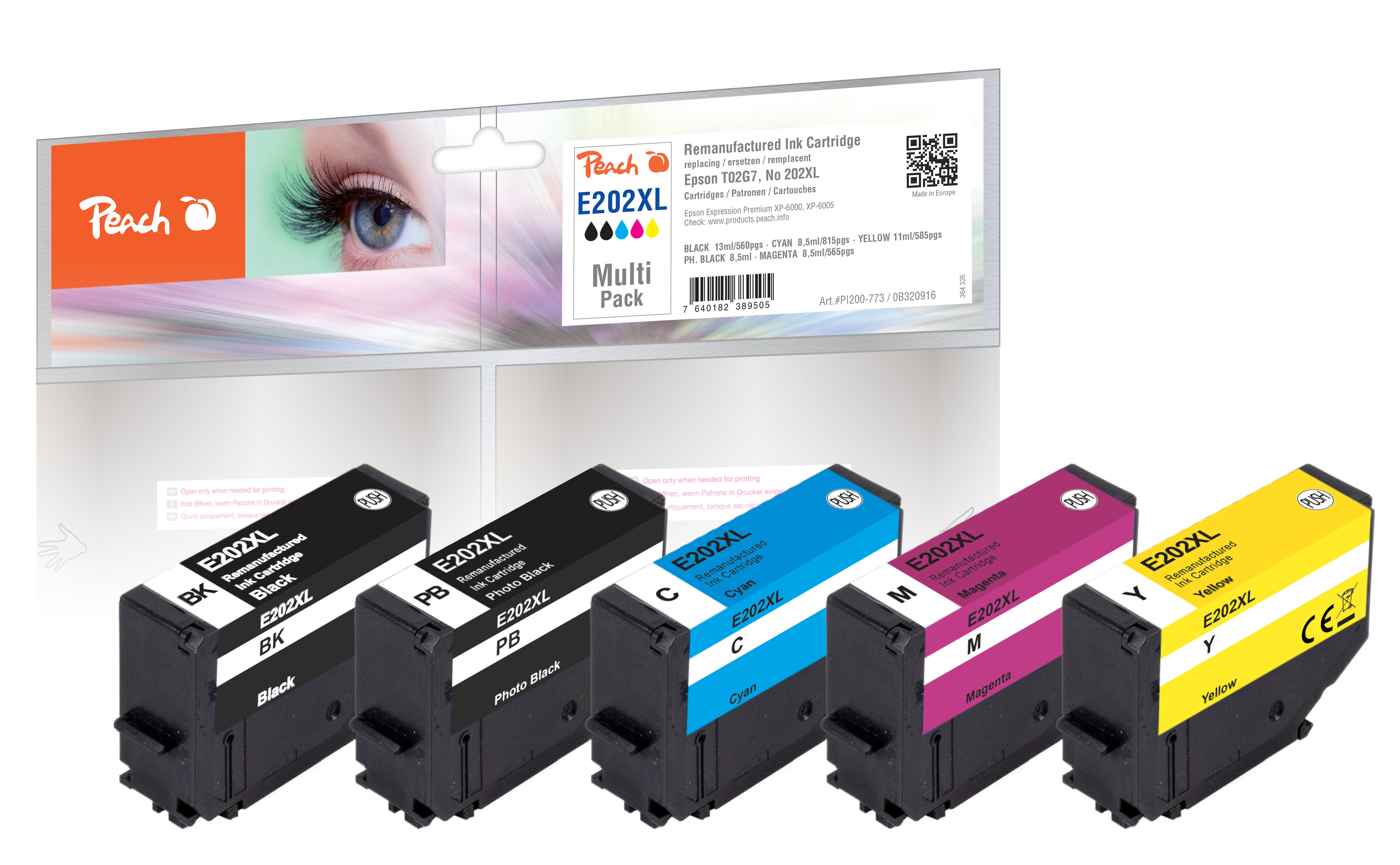 Peach PI200-773 cartouche dencre 5 pi�ce(s) Compatible Rendement �lev� (XL) Noir, Cyan, Magenta, Photo noire, Jaune
