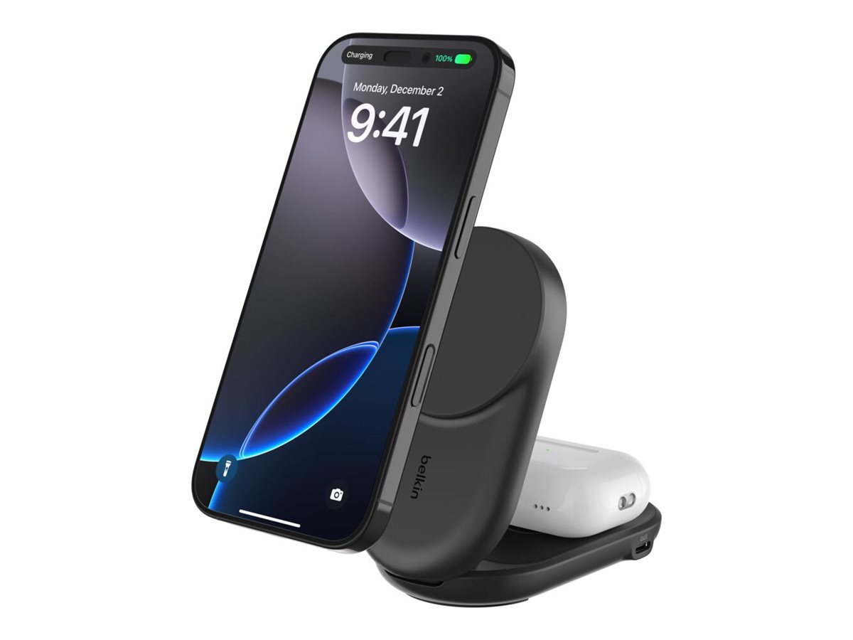 Belkin UltraCharge - Kabelloses Ladegert - 2-in-1, Qi2, magnetisch, faltbar + AC-Netzteil - 25 Watt - Fast Charge (24 pin USB-C)