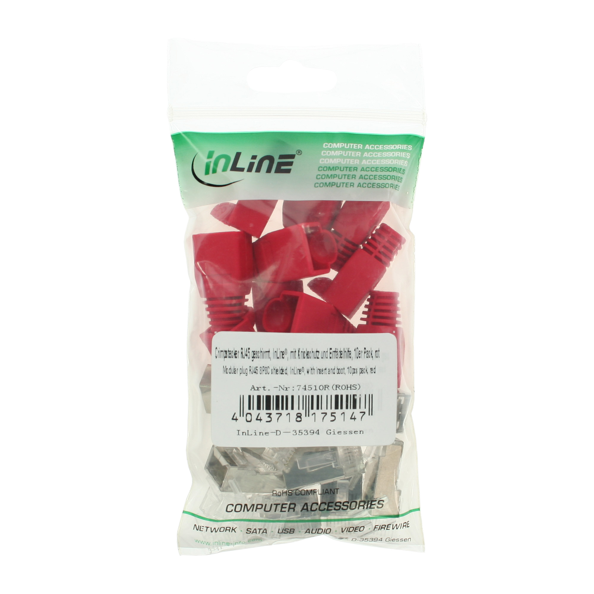 InLine Crimp Connector RJ45 8P8C shielded w. threader+bend protection, red