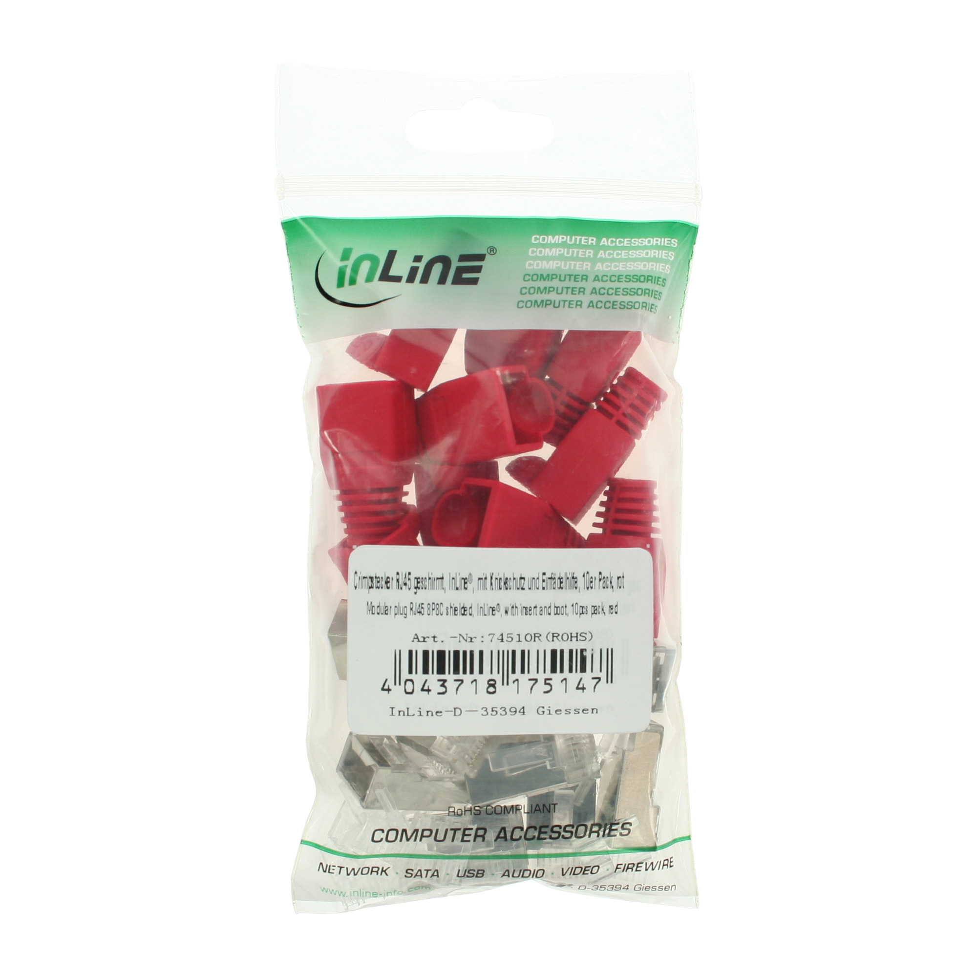 InLine Crimp Connector RJ45 8P8C shielded w. threader+bend protection, red