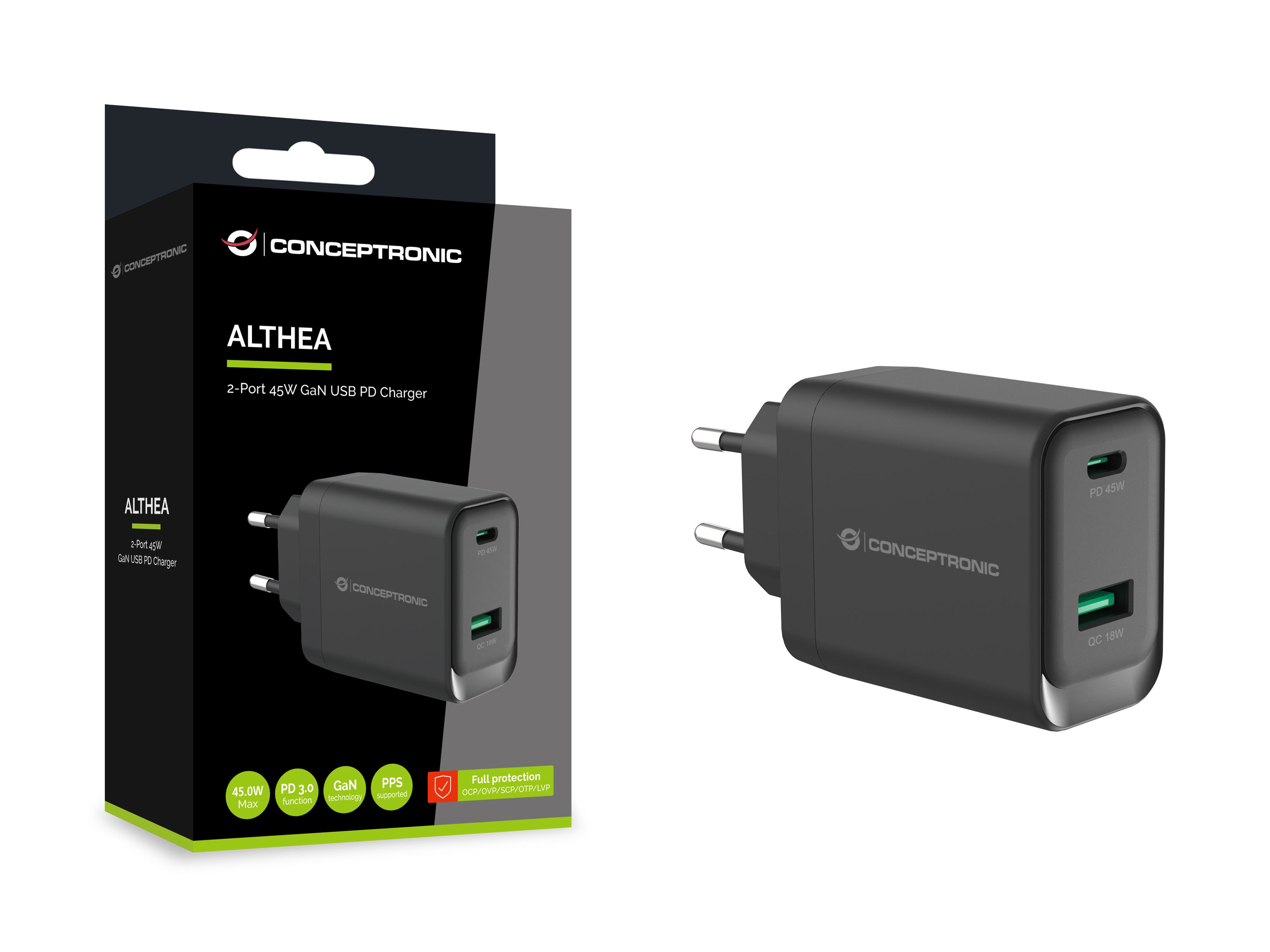Conceptronic ALTHEA20B45 cargador de dispositivo m�vil Universal Negro Corriente alterna Carga r�pida Interior