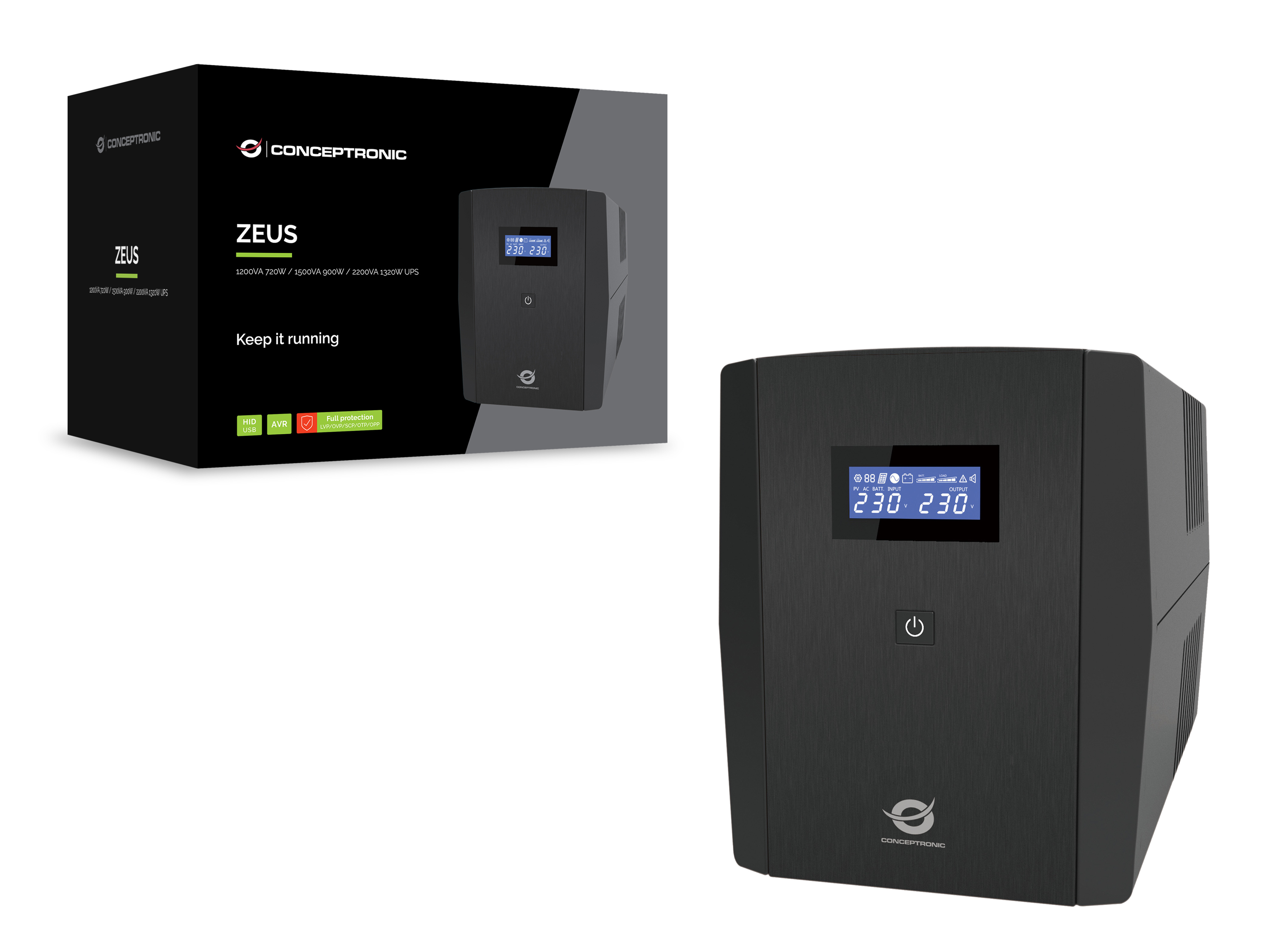 Conceptronic ZEUS03G 1200VA 720W UPS, UK socket x 4, HID USB, RJ45 In/Out, AVR