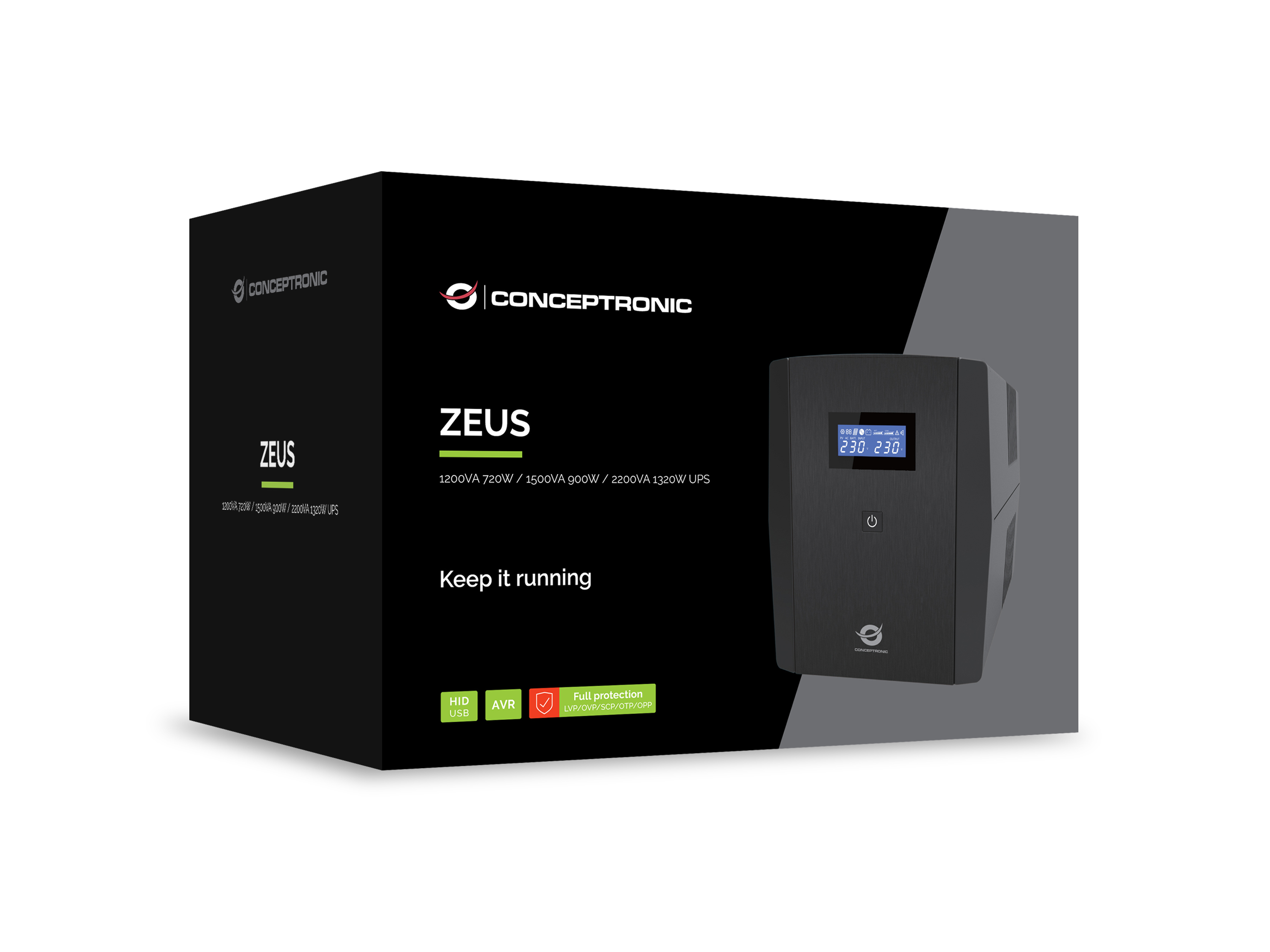 Conceptronic ZEUS03G 1200VA 720W UPS, UK socket x 4, HID USB, RJ45 In/Out, AVR