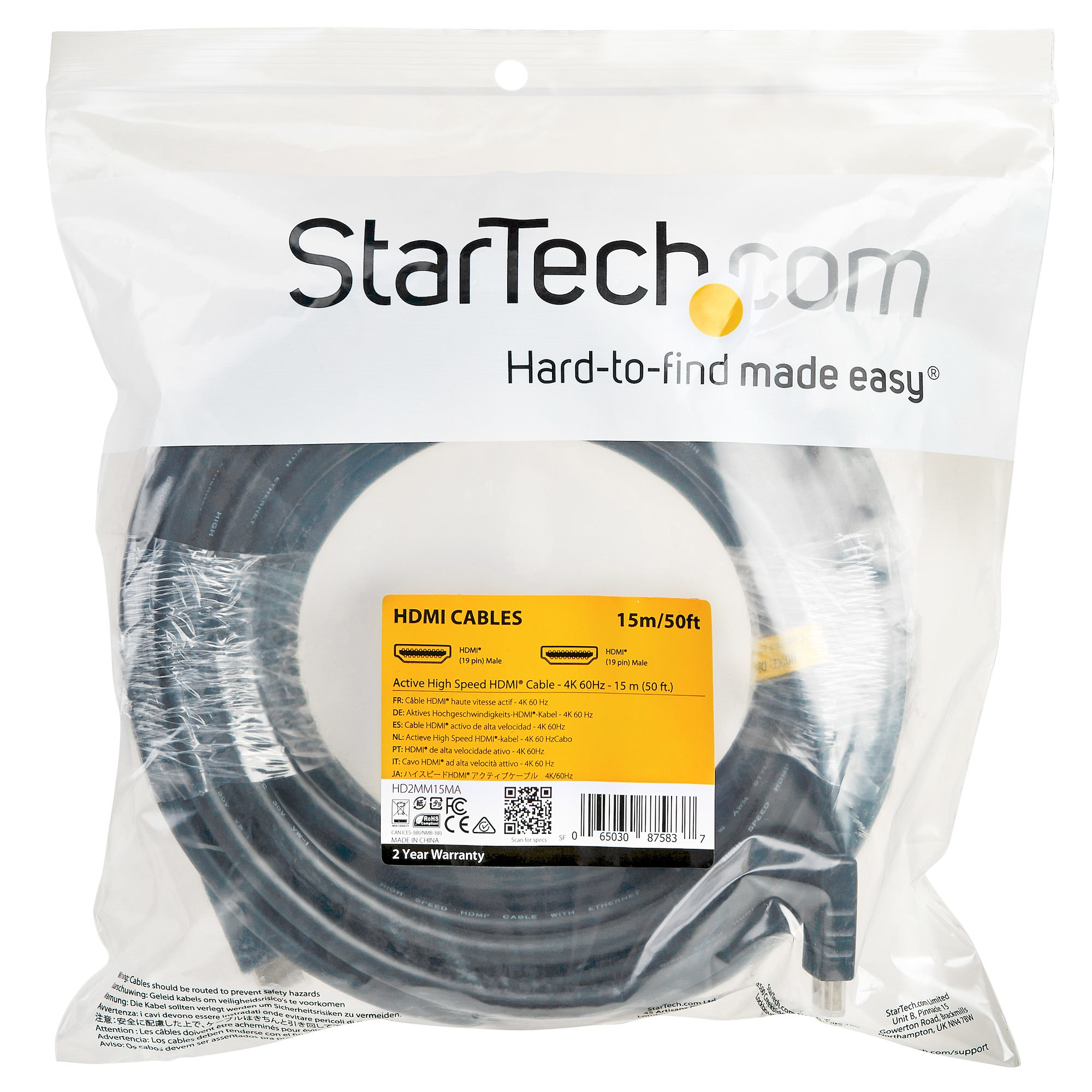 StarTech.com HD2MM15MA  StarTech.com Cable de 15 metros HDMI con ethernet  de alta velocidad Activo 4K de 60Hz - Cable HDMI CL2 para Instalación en  Pared - Cable UHD Largo Durable 