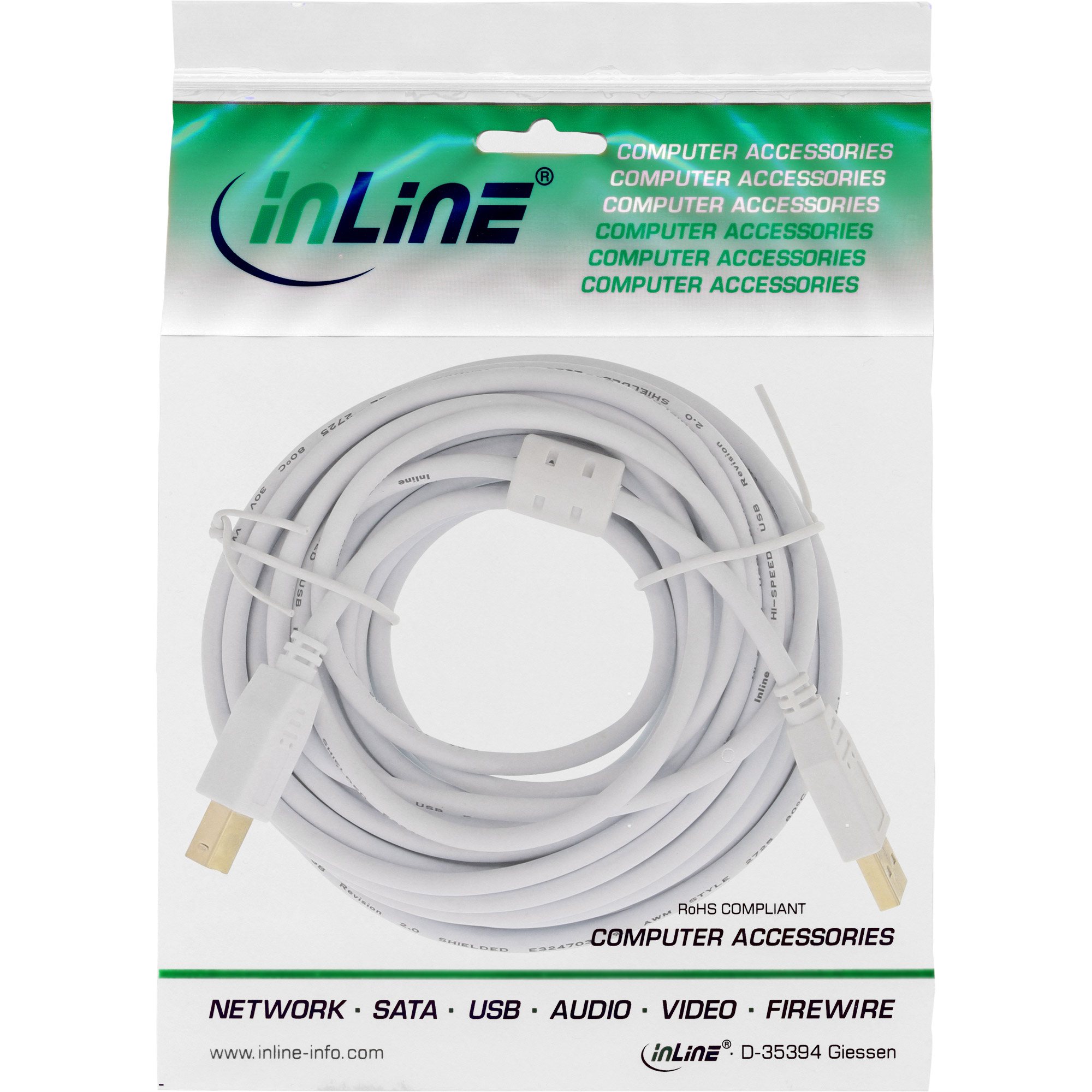 InLine USB 2.0 Cable Type A male / B male, gold plated, w/ferrite, white, 10m