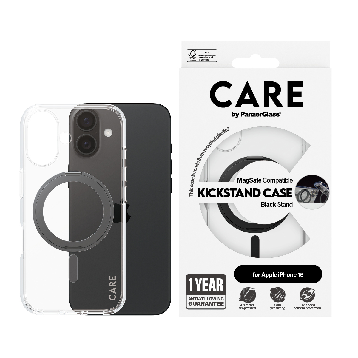 PanzerGlass CARE by � Case Transparent w. Black Kickstand & MagSafe iPhone 16 coque de protection pour t�l�phones portables Housse Noir