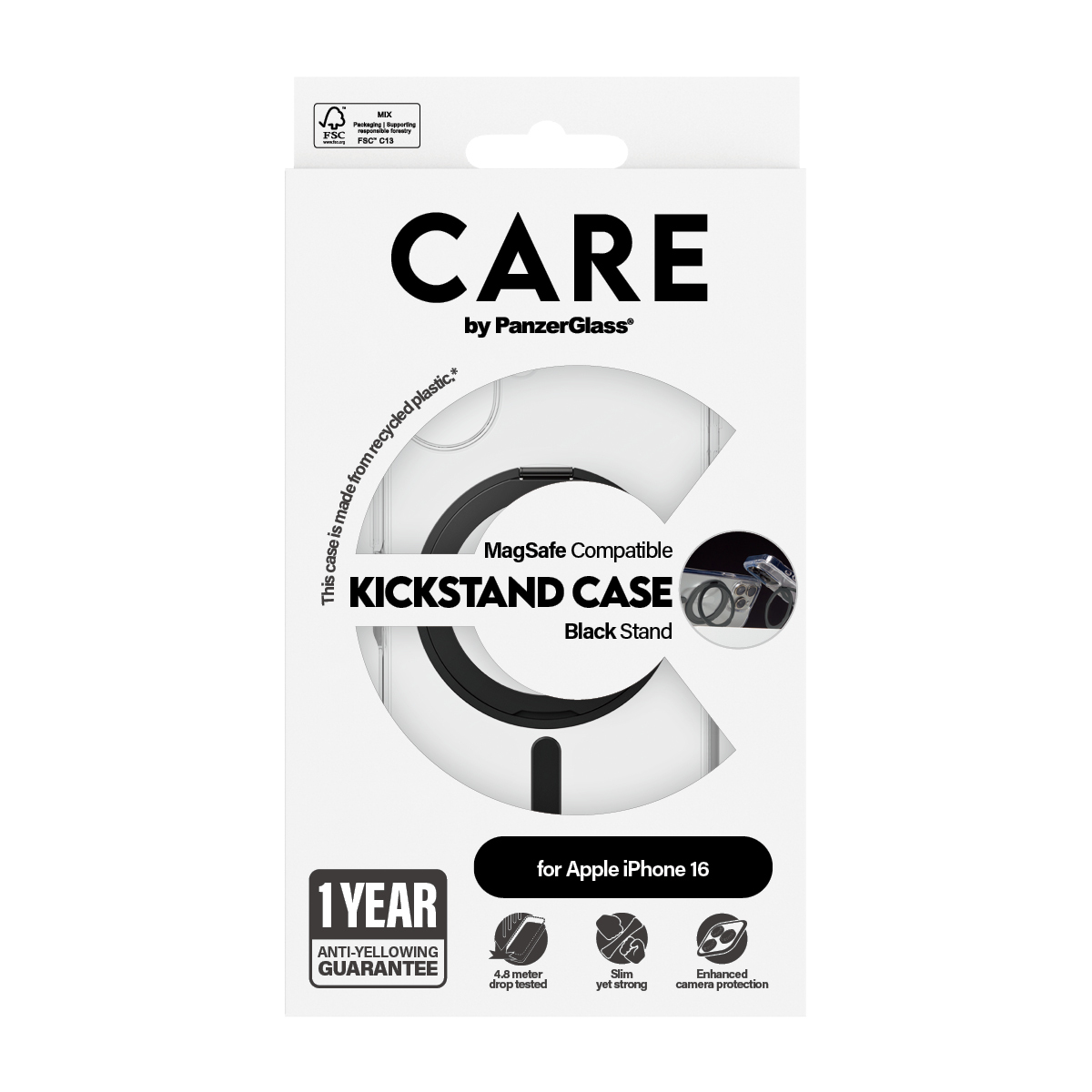 PanzerGlass CARE by � Case Transparent w. Black Kickstand & MagSafe iPhone 16 coque de protection pour t�l�phones portables Housse Noir