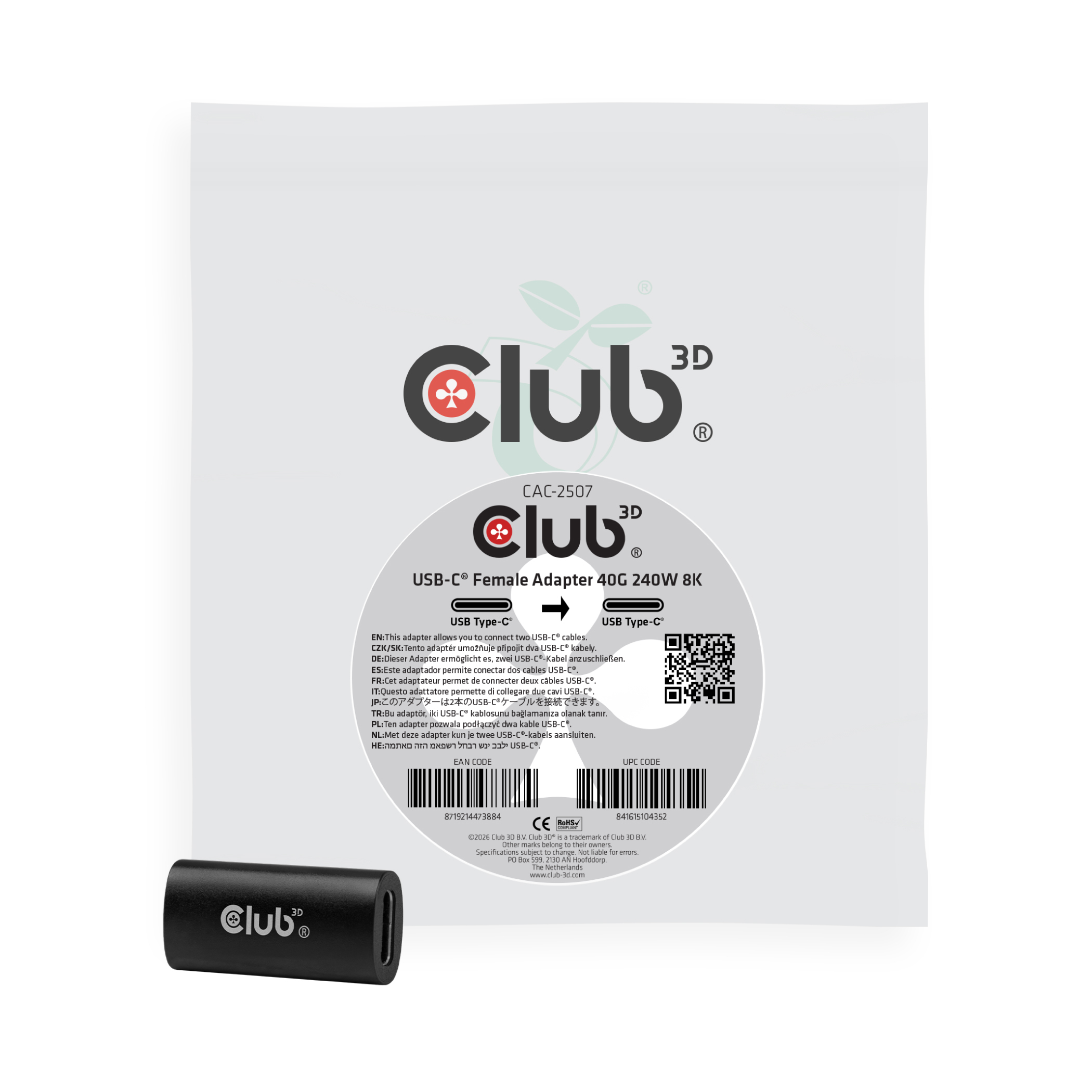 CLUB3D Adaptateur USB-C� femelle 40G, 240 W, 8K/60 Hz