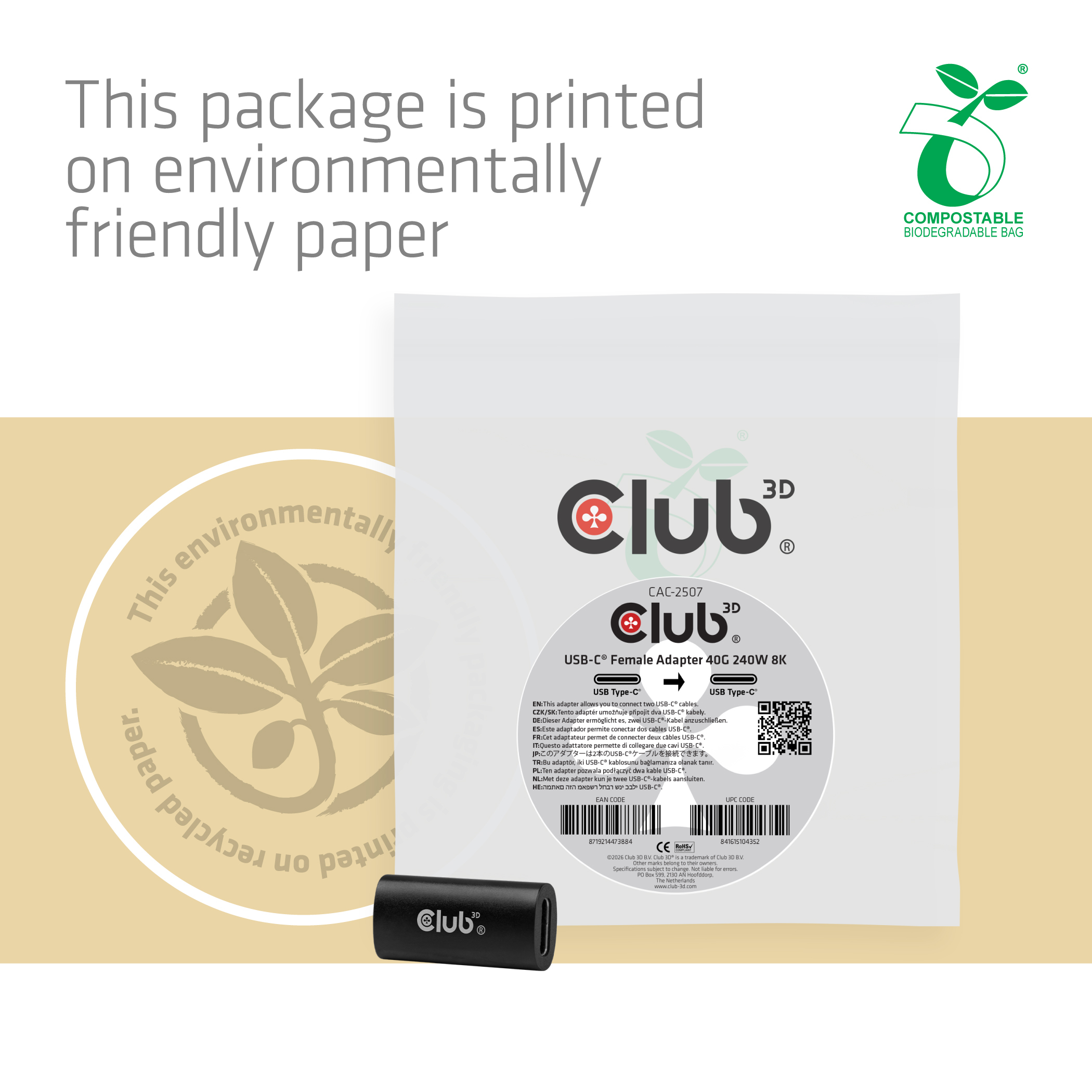 CLUB3D Adaptateur USB-C� femelle 40G, 240 W, 8K/60 Hz