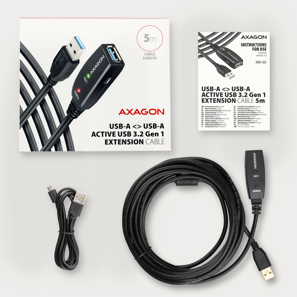 Axagon ADR-305 USB 3.2 Gen 1 A-M -> A-F active extension/repeater cable 5m - Kabel - Digital/Daten USB cable USB 3.2 Gen 1 (3.1 Gen 1) USB A Black