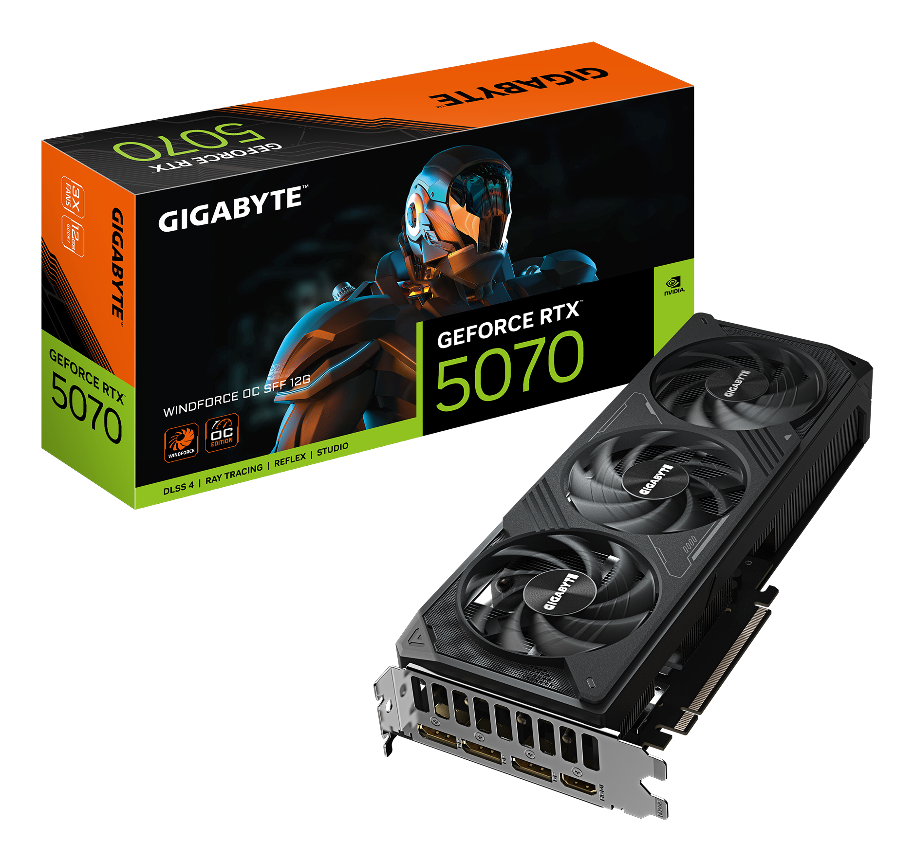 GIGABYTE GeForce RTX 5070 WINDFORCE OC SFF 12G Tarjeta Grfica - 16GB GDDR7, 256 bits, PCI-E 5.0, 2542 MHz Core Clock, 3 x DP 2.1a, 1 x HDMI 2.1b, NVIDIA DLSS 4, GV-N5070WF3OC-12GD