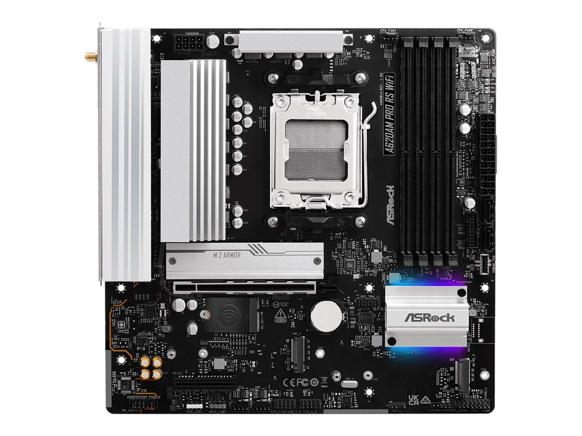 ASRock A620AM PRO RS WIFI - Motherboard - micro ATX - Socket AM5 - AMD A620A Chipsatz - USB 3.2 Gen 1, USB-C 3.2 Gen 1 - 2.5 Gigabit LAN, Wi-Fi 6E, Bluetooth - Onboard-Grafik (CPU erforderlich)