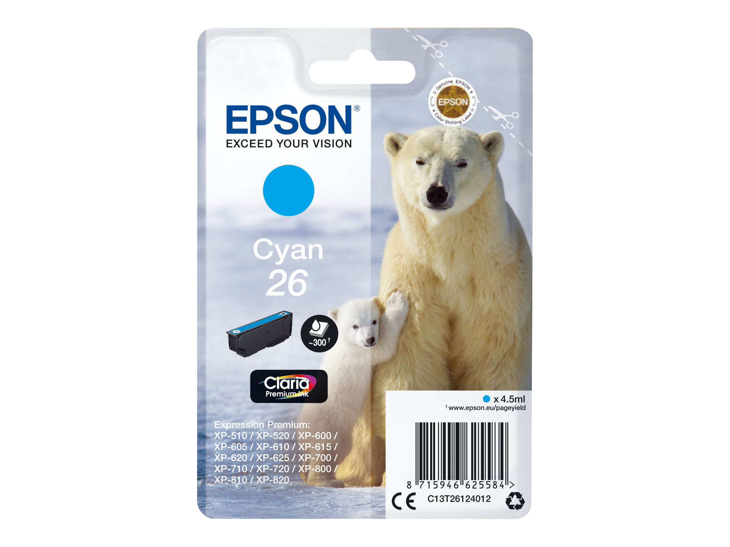 Epson Polar bear Singlepack Cyan 26 Claria Premium Ink