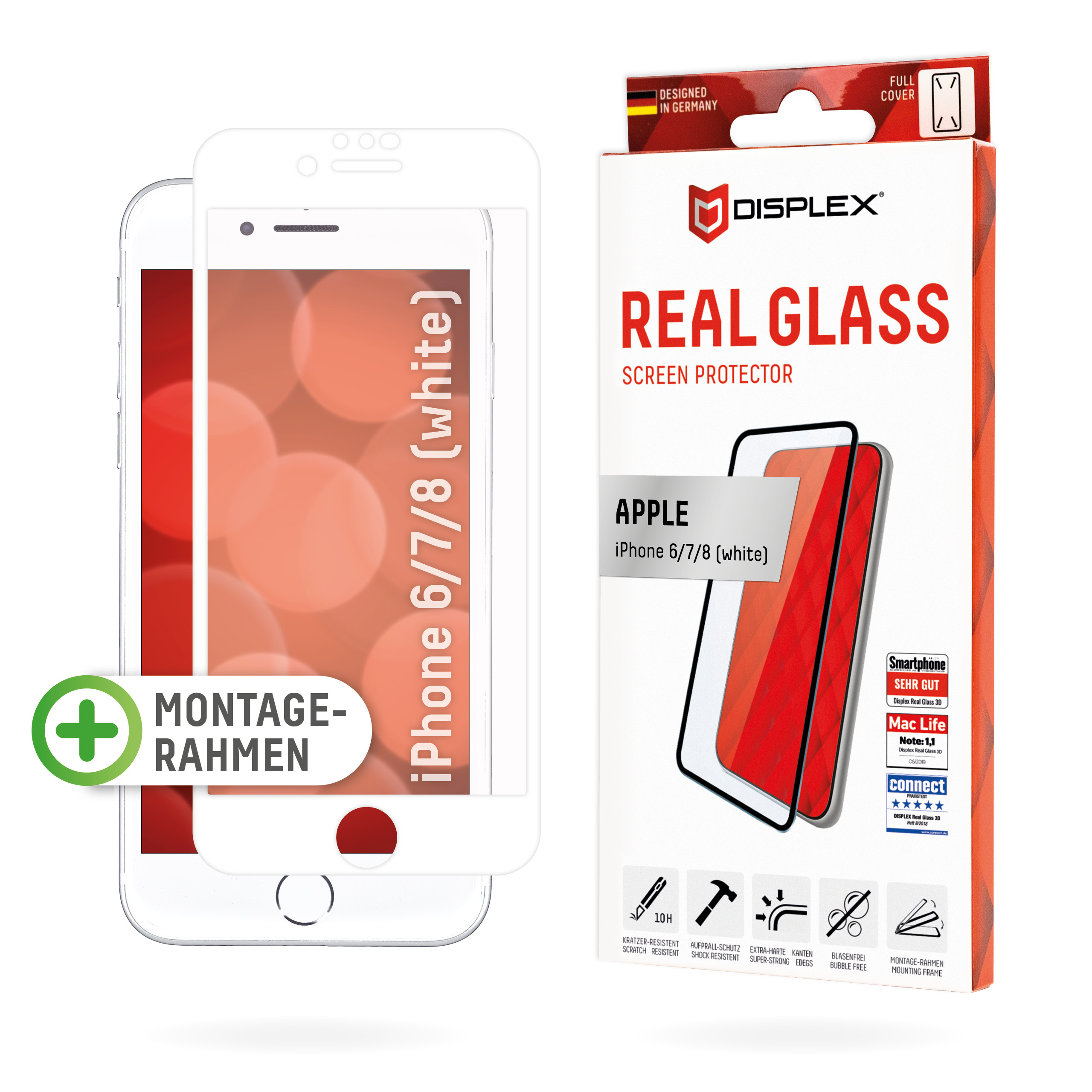E.V.I. Displex REAL GLASS 3D - Klare Bildschirmschutzfolie - Handy/Smartphone - Apple - iPhone 6/7/8 - Kratzresistent - Schockresistent - Transparent - Wei
