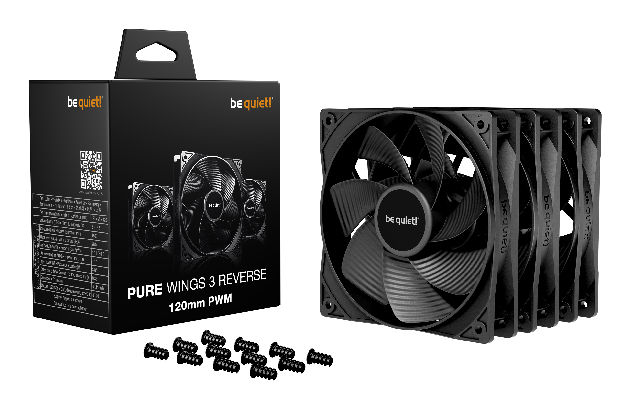 Be Quiet! Pure Wings 3 - Geh�usel�fter - Reverse-L�fterbl�tter - 120 mm - Schwarz (Packung mit 3)