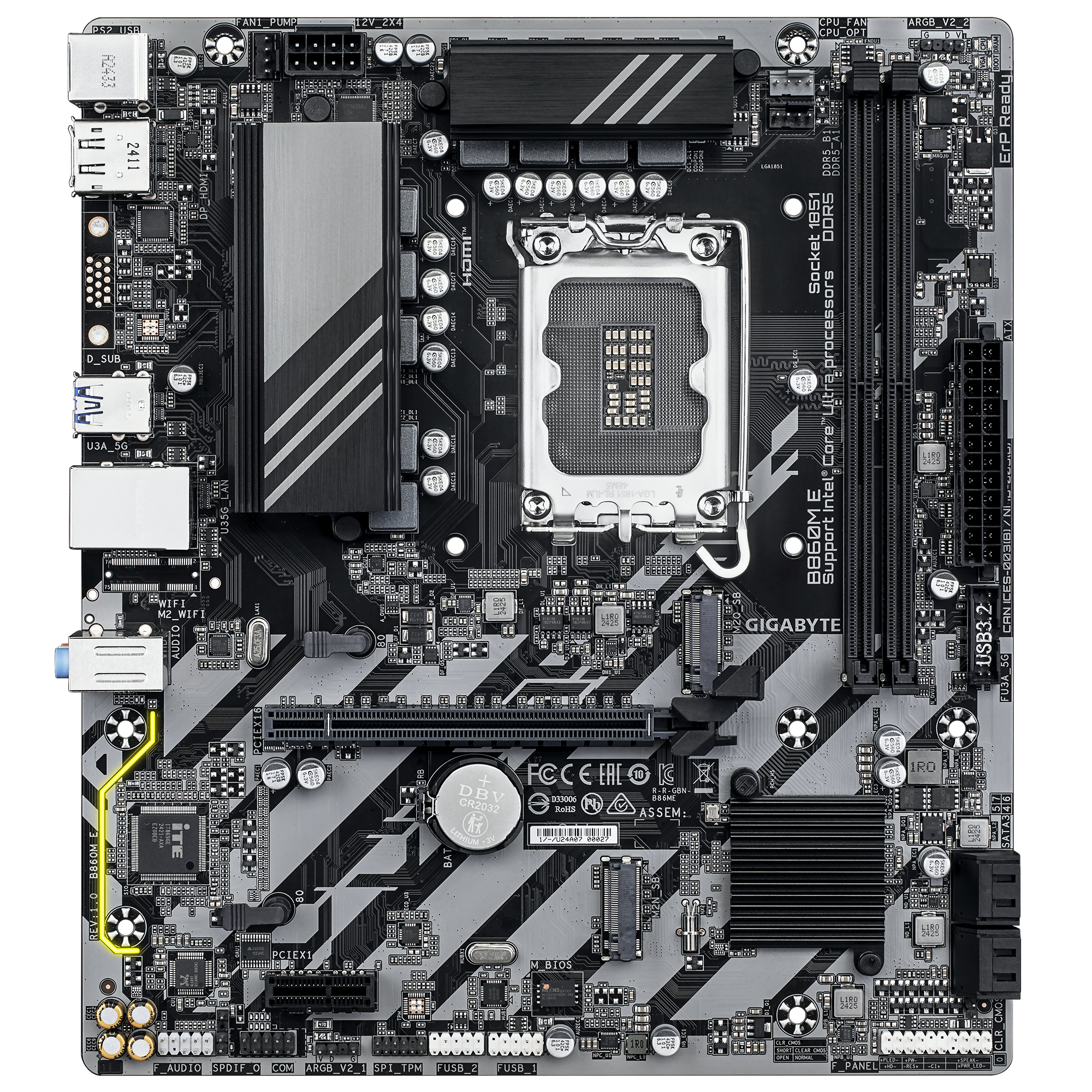 GIGABYTE B860M E Placa Base - Procesadores Intel Core Ultra Series, VRM de 4+1+2 fases, hasta 8800MHz DDR5 (O.C), 2xPCIe 4.0 M.2, LAN 1GbE, USB 3.2 Gen 1