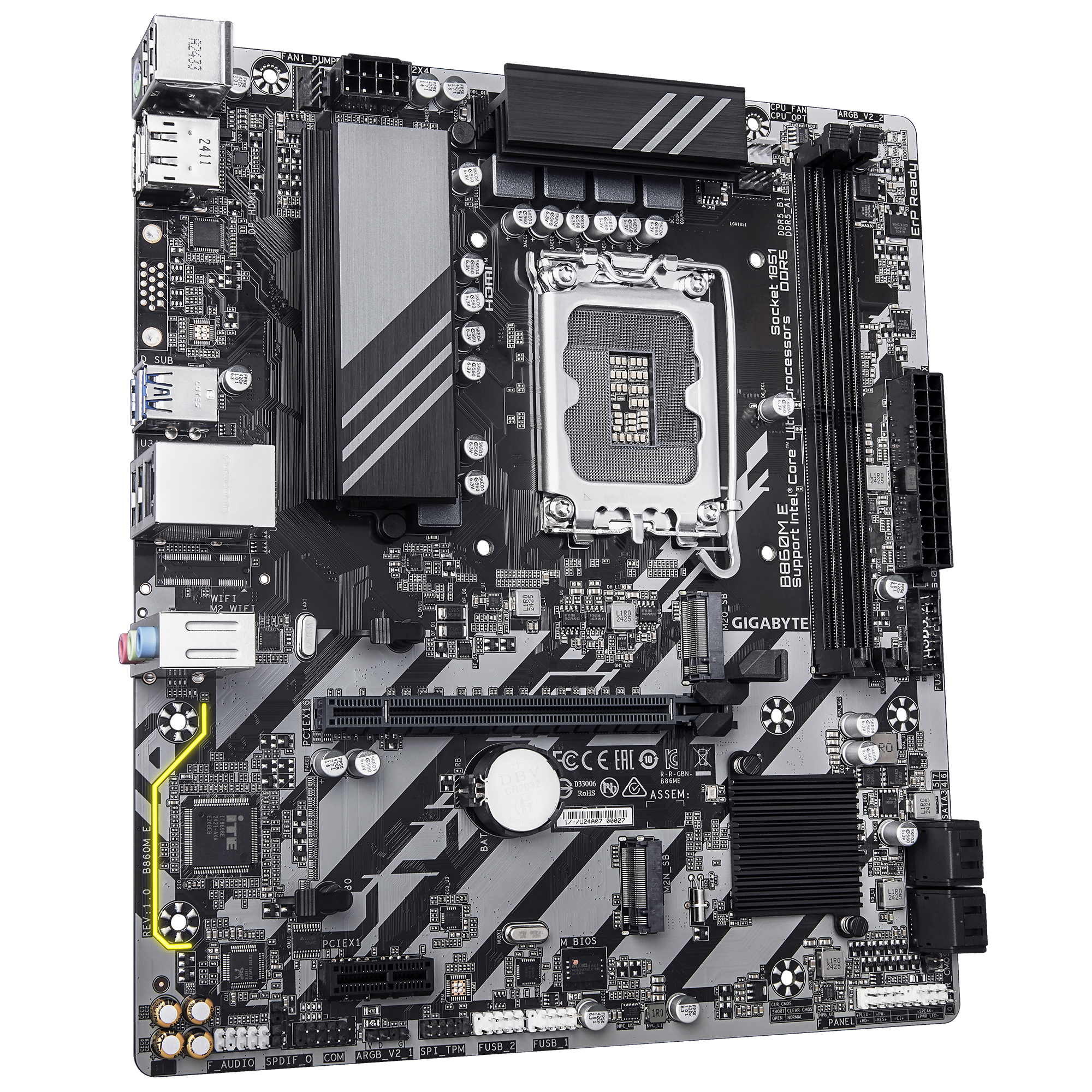 GIGABYTE B860M E Placa Base - Procesadores Intel Core Ultra Series, VRM de 4+1+2 fases, hasta 8800MHz DDR5 (O.C), 2xPCIe 4.0 M.2, LAN 1GbE, USB 3.2 Gen 1