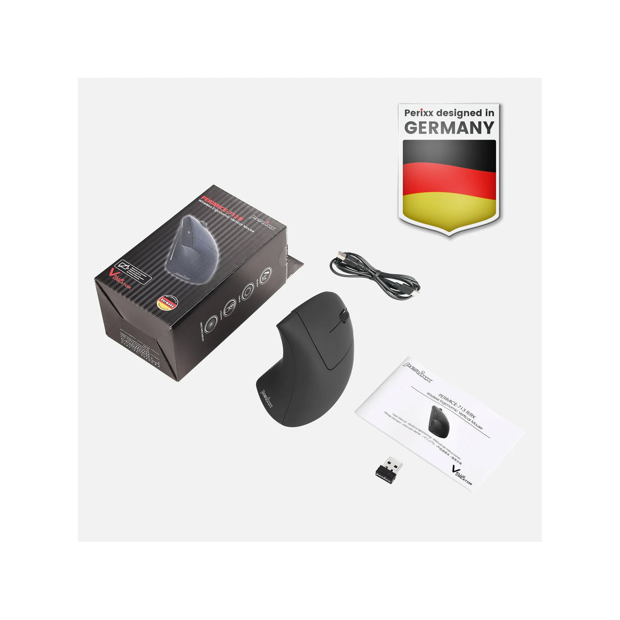 Perixx PERIMICE-713 R Vertikale Ergonomie-Maus kabellos wiederaufladbar