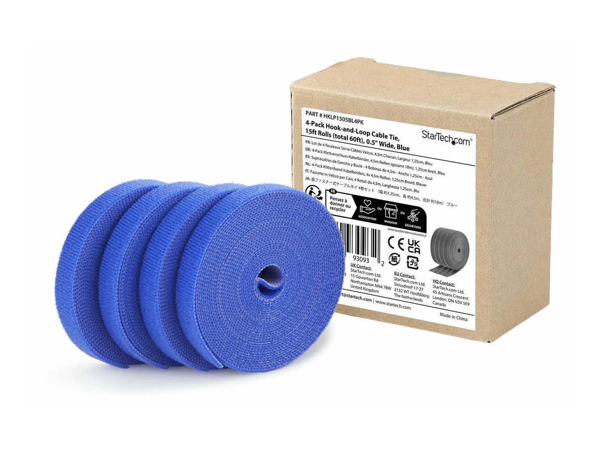 StarTech.com Paquete de 4 Bobinas de Bridas de Gancho y Bucle de 4,6m - Ancho 1,25cm - De Cortar a la Medida - Bobina a Granel - Azul