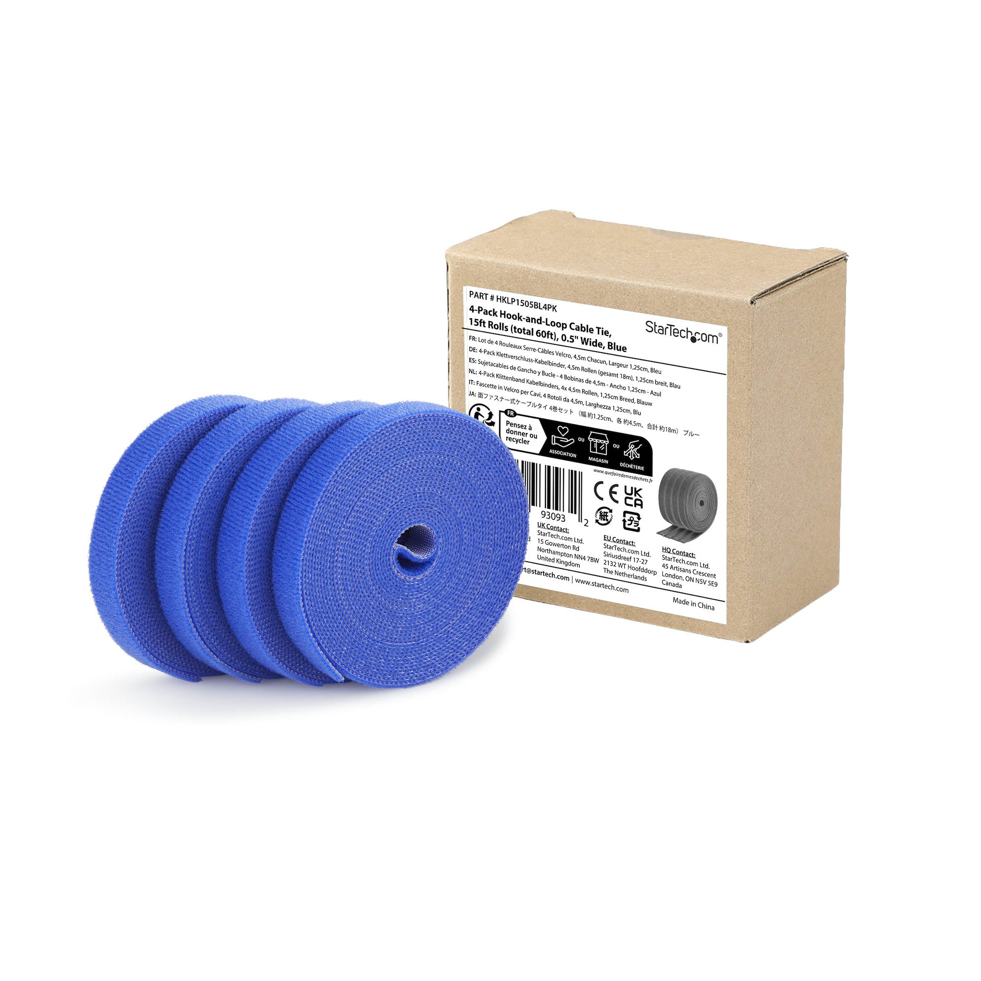 StarTech.com Paquete de 4 Bobinas de Bridas de Gancho y Bucle de 4,6m - Ancho 1,25cm - De Cortar a la Medida - Bobina a Granel - Azul